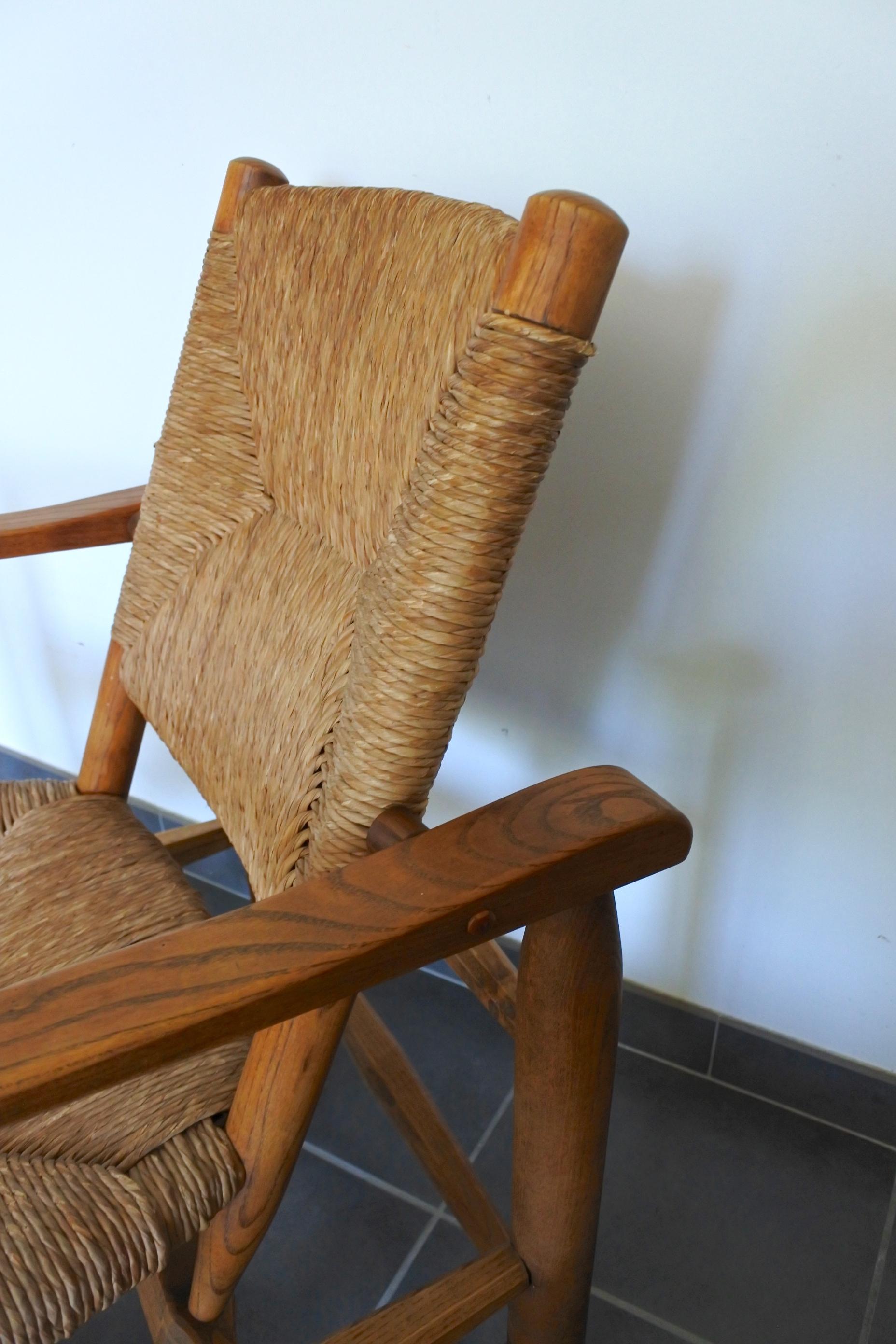Charlotte Perriand Early Rush Armchair N°21, Solid Wood and Straw, France 12