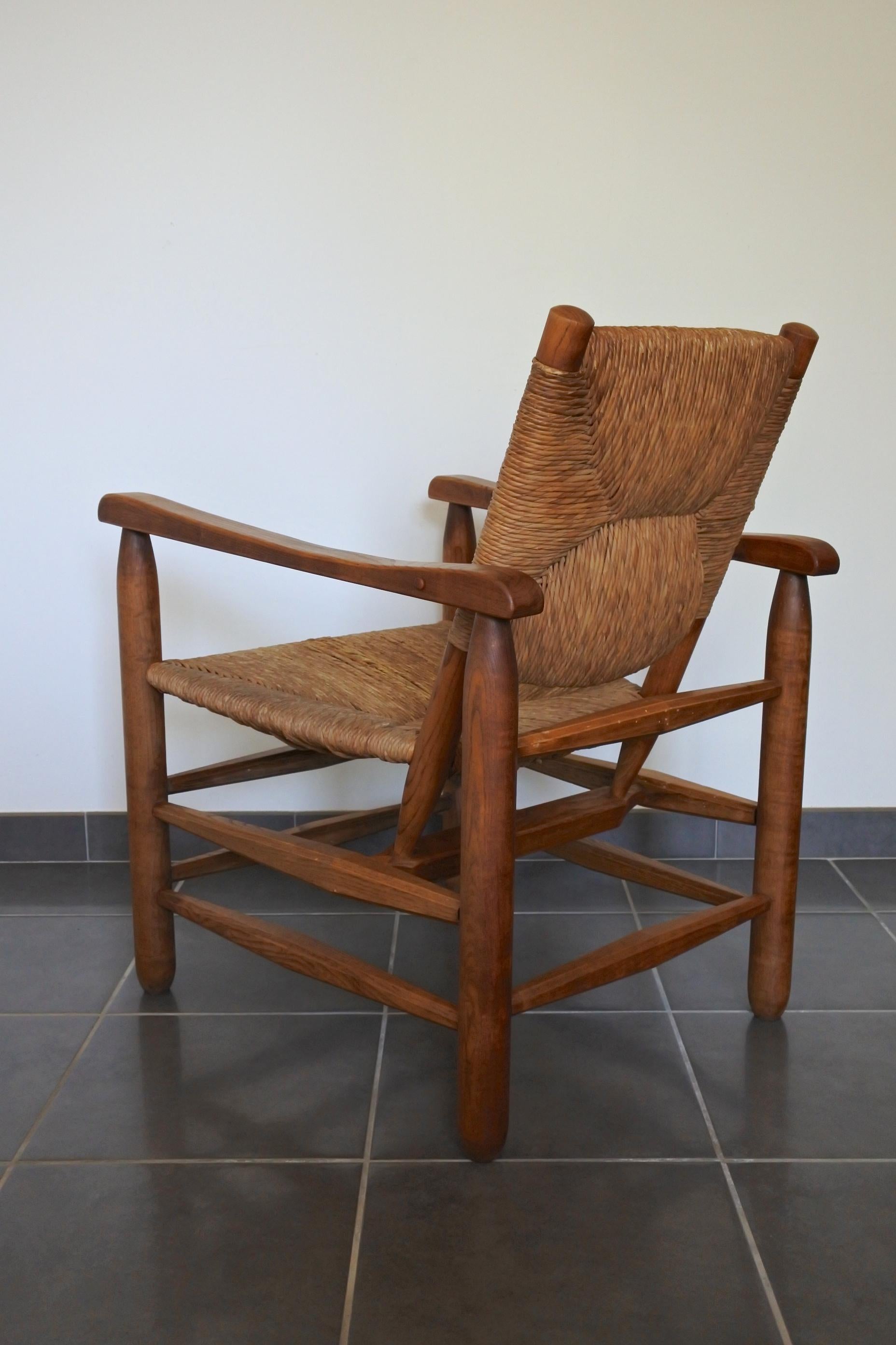 Mid-Century Modern Charlotte Perriand Early Rush Armchair N°21, Solid Wood and Straw, France