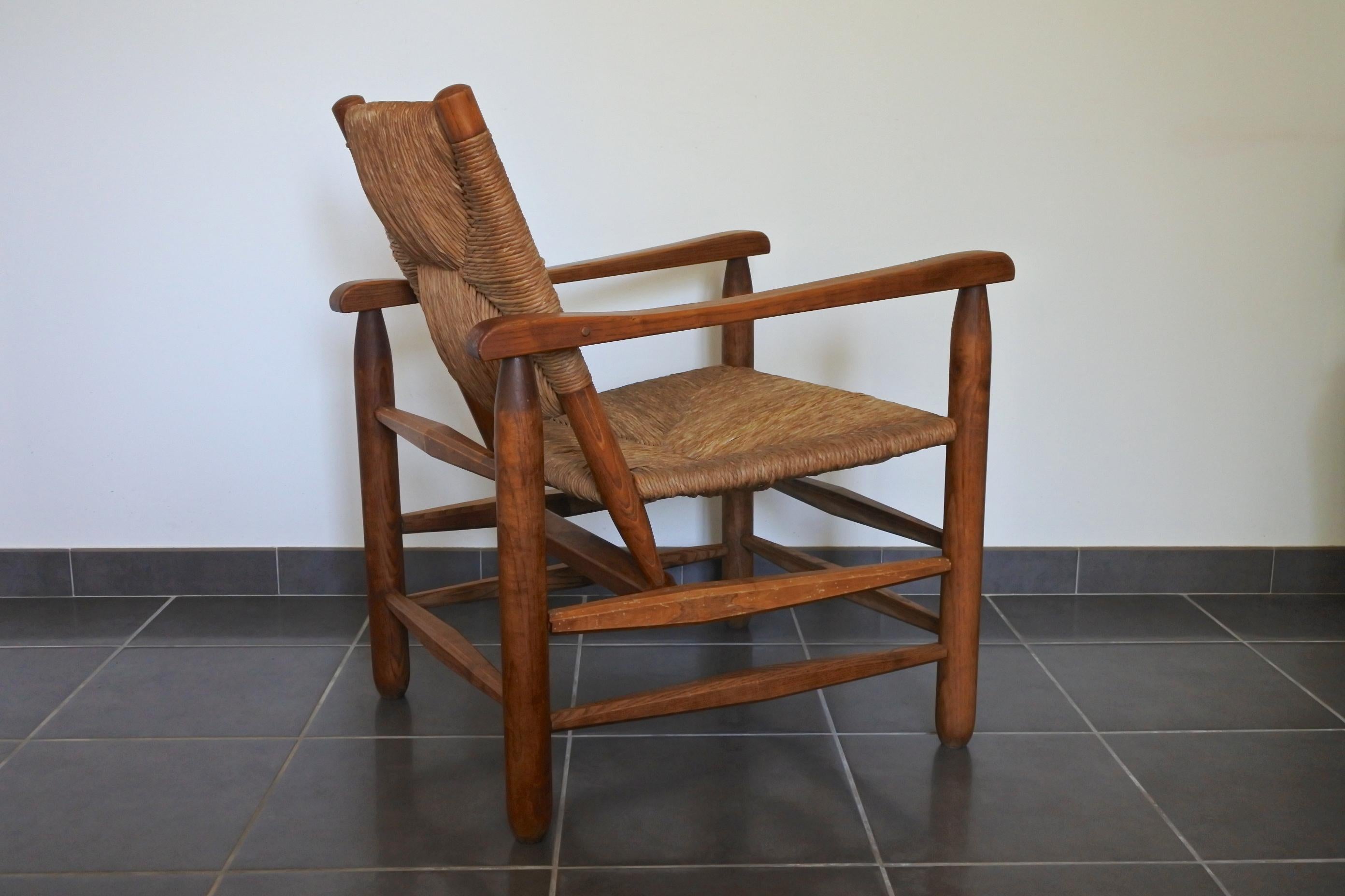 French Charlotte Perriand Early Rush Armchair N°21, Solid Wood and Straw, France