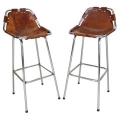 Charlotte Perriand for "Les Arc" Set of 2 Original Leather Barstools, 1960