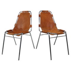 Charlotte Perriand for "Les Arc" Set of 2 Original Leather side chairs, 1960