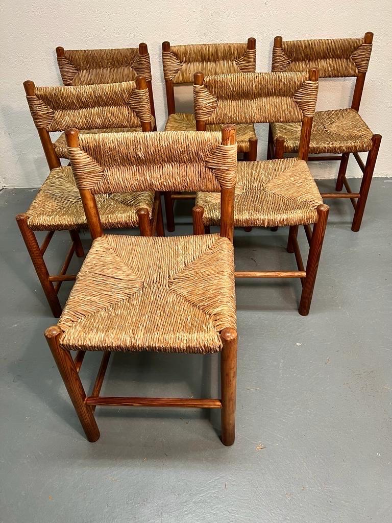 Beautiful set of 6 pine and rush dining chairs model 