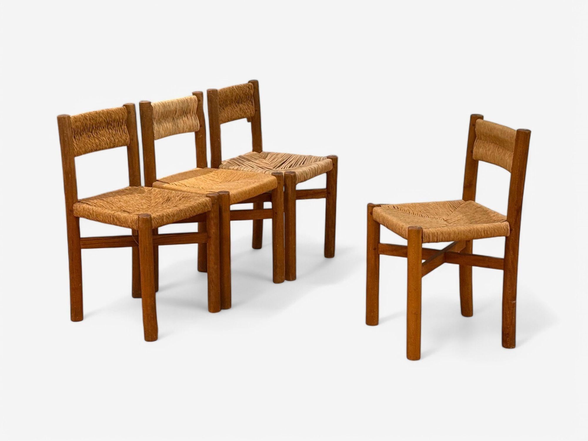 Mid-Century Modern Charlotte Perriand, Française du milieu du siècle, Chaises Meribel à dossier de paille c. 1946 en vente
