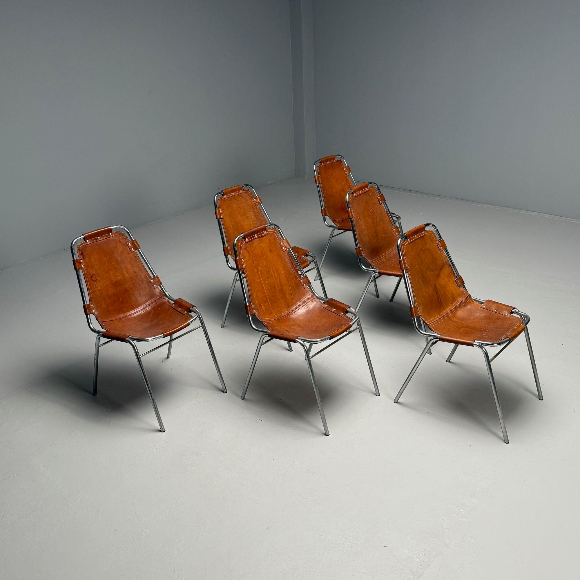 Late 20th Century Charlotte Perriand, French Mid-Century Modern, Dining Chairs, Distressed Leather
