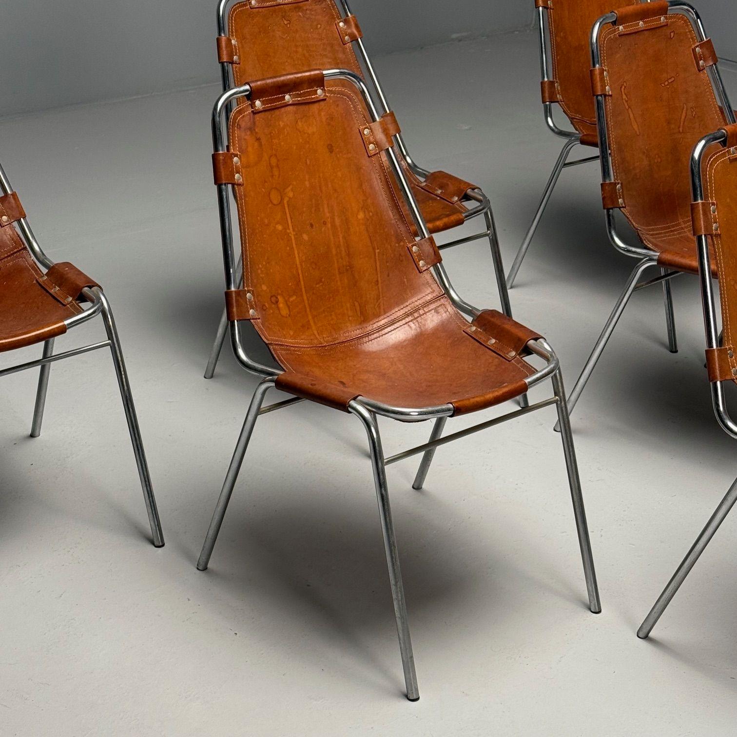 Charlotte Perriand, French Mid-Century Modern, Dining Chairs, Distressed Leather 1