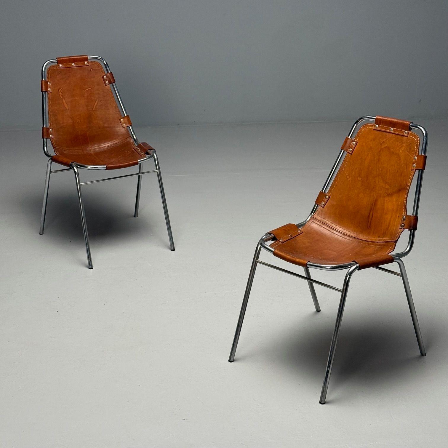Charlotte Perriand, French Mid-Century Modern, Dining Chairs, Distressed Leather 2