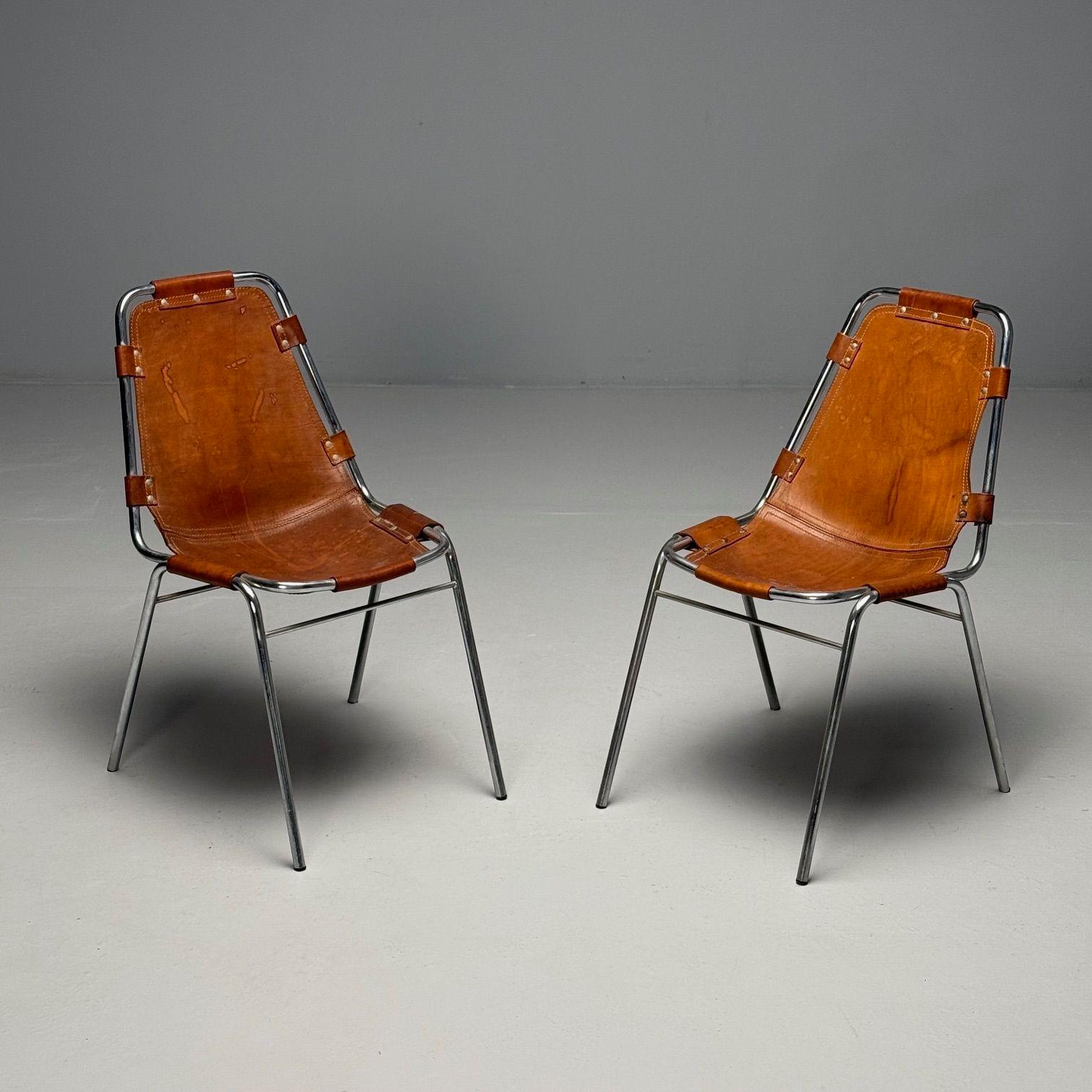 Charlotte Perriand, French Mid-Century Modern, Dining Chairs, Distressed Leather 3