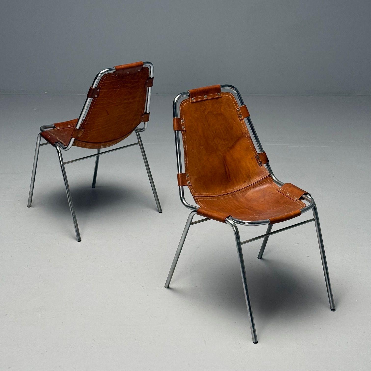Charlotte Perriand, French Mid-Century Modern, Dining Chairs, Distressed Leather 4