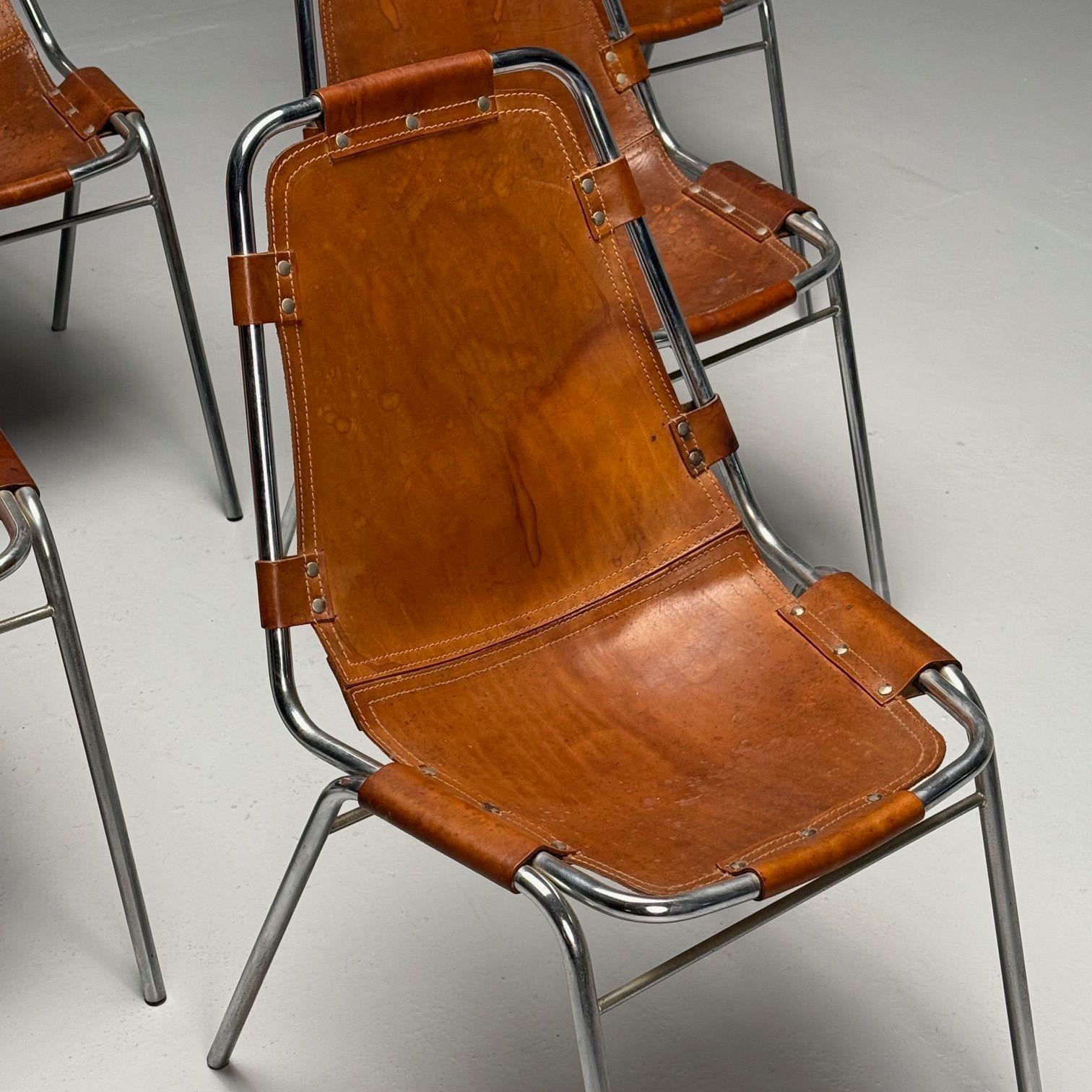 Charlotte Perriand, French Mid-Century Modern, Dining Chairs, Distressed Leather 5
