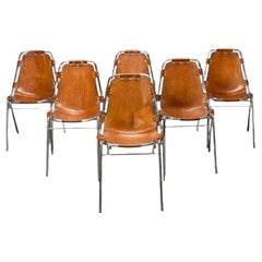 Charlotte Perriand, Sedie da pranzo francesi del Mid-Century Modern, Pelle invecchiata