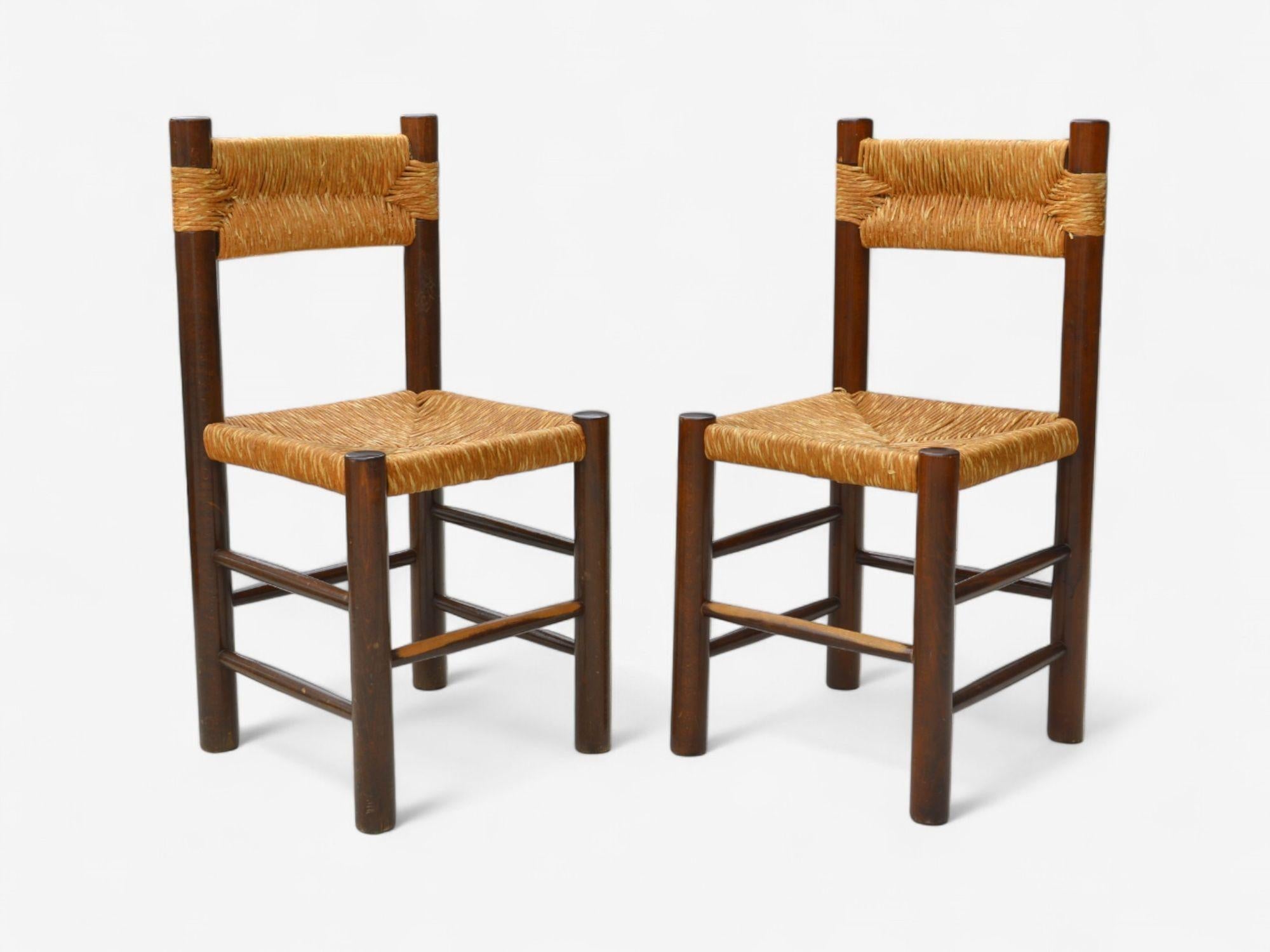 Charlotte Perriand, Moderno francese, paglia, legno, sei sedie da pranzo, Francia, anni '60 in vendita 3