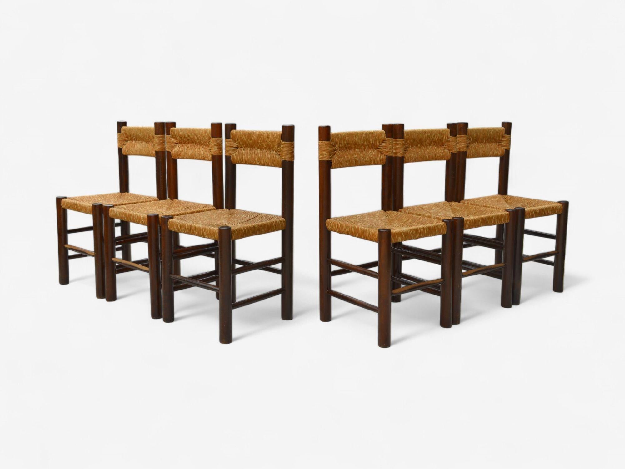 Charlotte Perriand, Moderno francese, paglia, legno, sei sedie da pranzo, Francia, anni '60 in vendita 1