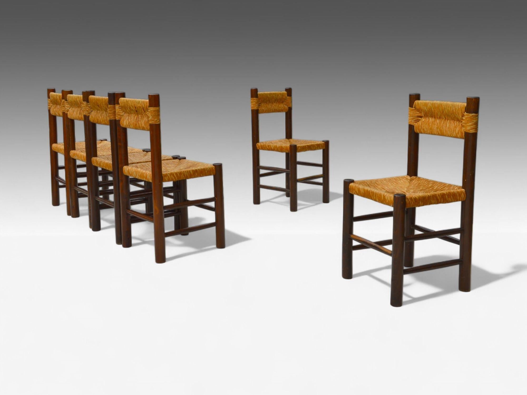 Charlotte Perriand, Moderno francese, paglia, legno, sei sedie da pranzo, Francia, anni '60 in vendita 2