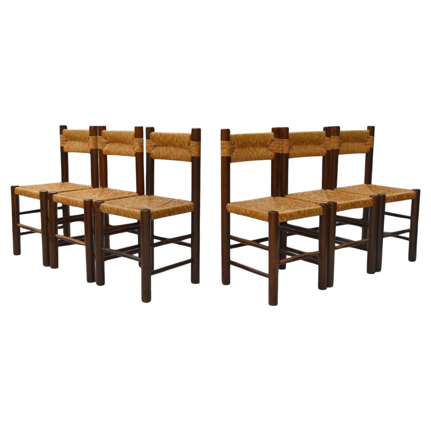 Charlotte Perriand, Moderno francese, paglia, legno, sei sedie da pranzo, Francia, anni '60 in vendita