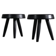 Retro Set of Two Black Stools in the Style of Charlotte Perriand in Wood, 1950s