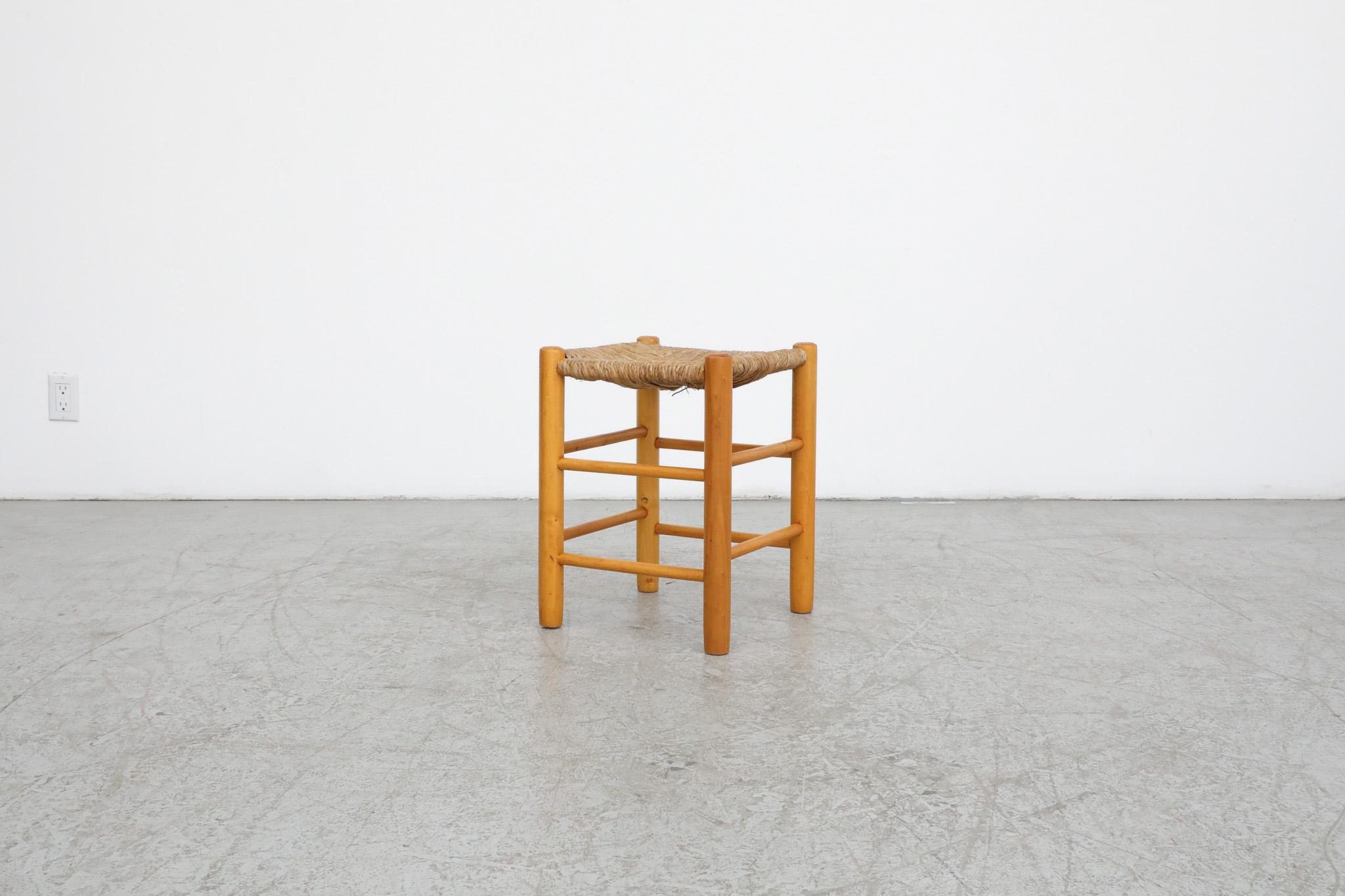 Mid-Century Modern Charlotte Perriand Inspired Oak Dining Height Stool with Rush Seat For Sale