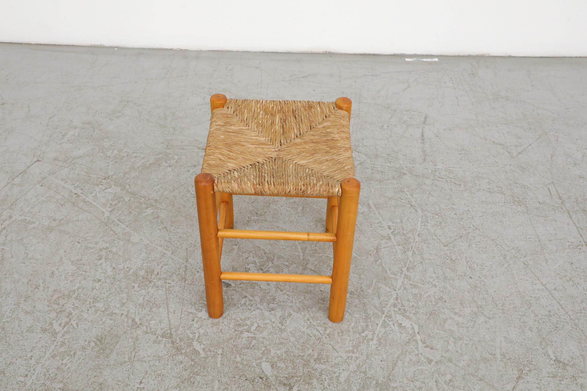 Charlotte Perriand Inspired Oak Dining Height Stool with Rush Seat In Good Condition For Sale In Los Angeles, CA