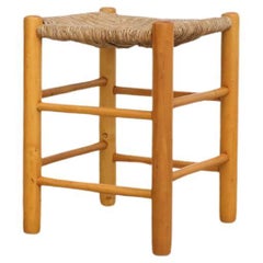 Vintage Charlotte Perriand Inspired Oak Dining Height Stool with Rush Seat
