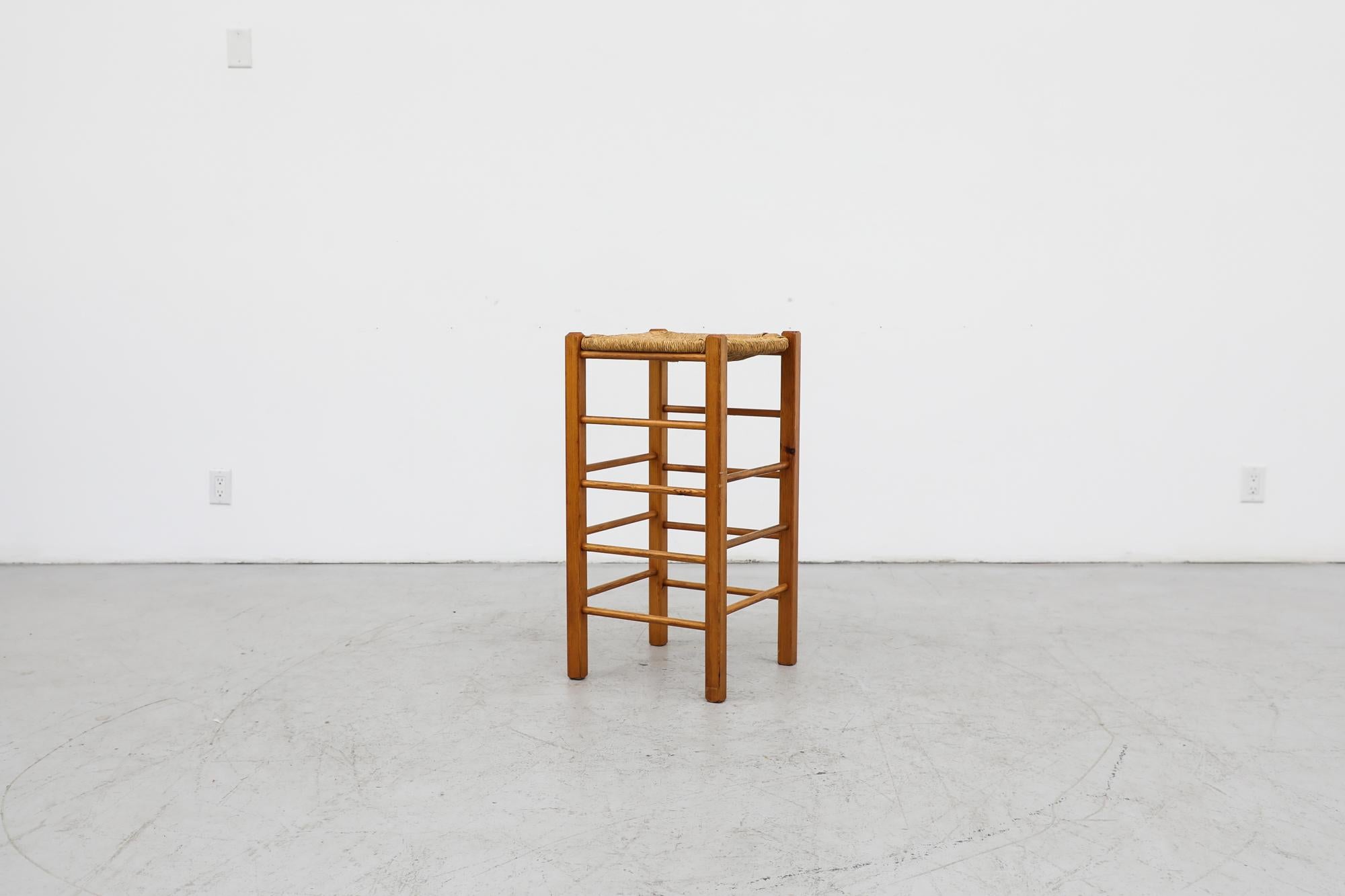 Mid-Century Modern Charlotte Perriand Inspired Bar Height Stool in Pine with Rush Seat For Sale