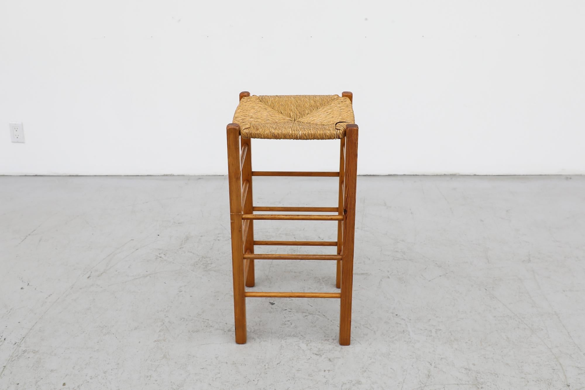 Charlotte Perriand Inspired Bar Height Stool in Pine with Rush Seat In Good Condition For Sale In Los Angeles, CA