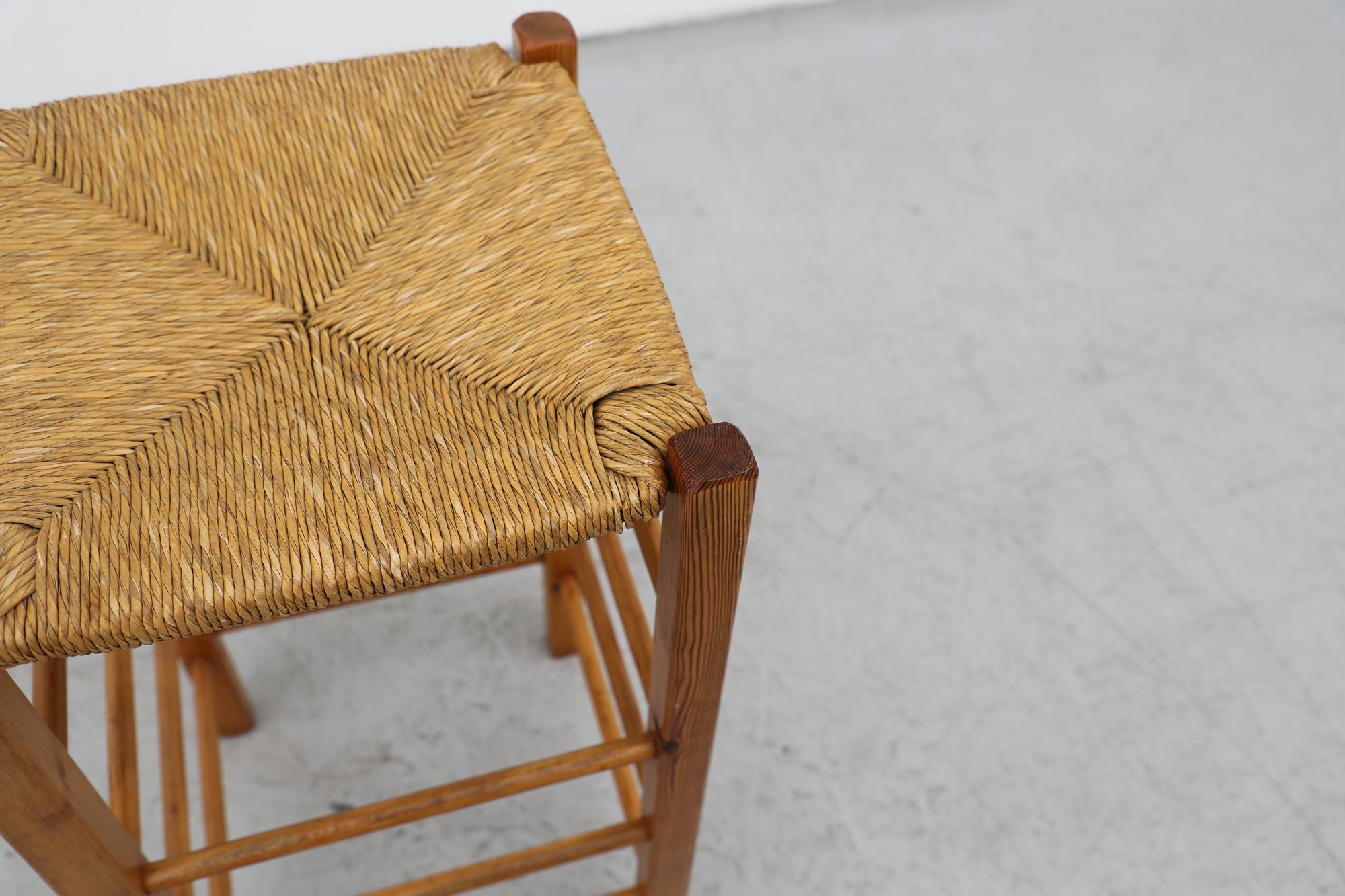 Mid-20th Century Charlotte Perriand Inspired Bar Height Stool in Pine with Rush Seat For Sale