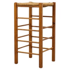 Charlotte Perriand Inspired Bar Height Stool in Pine with Rush Seat