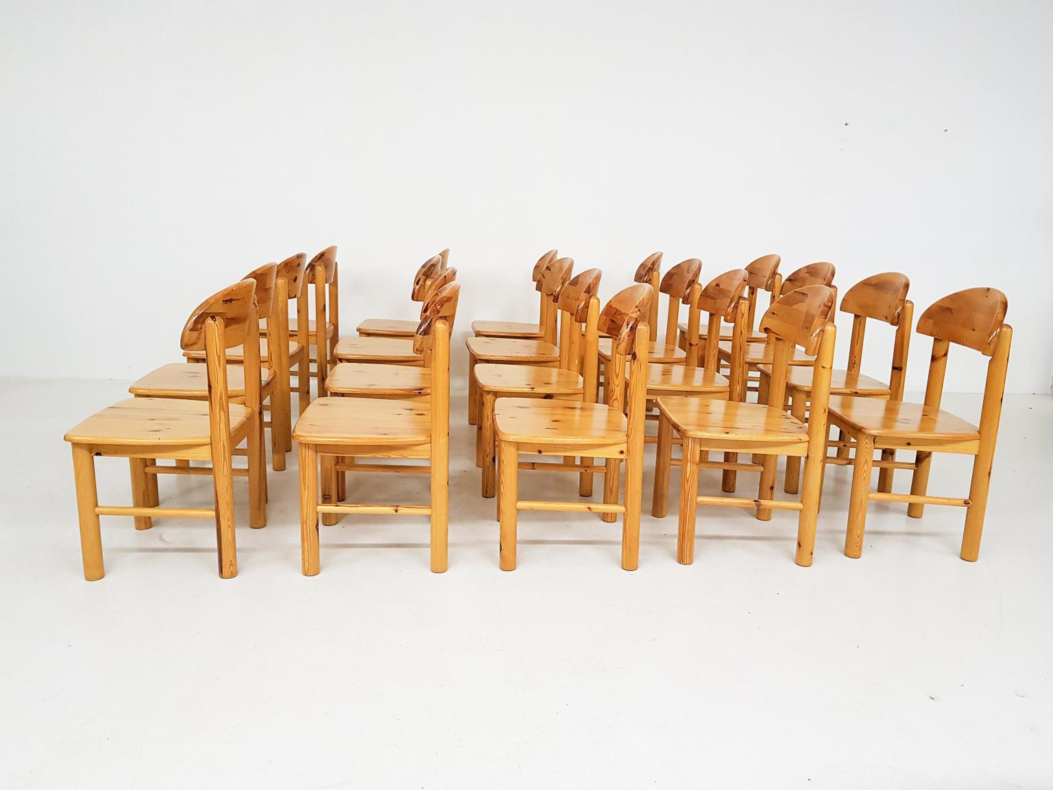 Large set of 20 pinewood dining chairs by Rainer Daumiller for Hirtshals Savvaerk (Hirtshals Sawmill). Made in Denmark in the 1960s. We found these chairs in a Danish school where they were used since the 1960s.

Daumiller was clearly inspired by