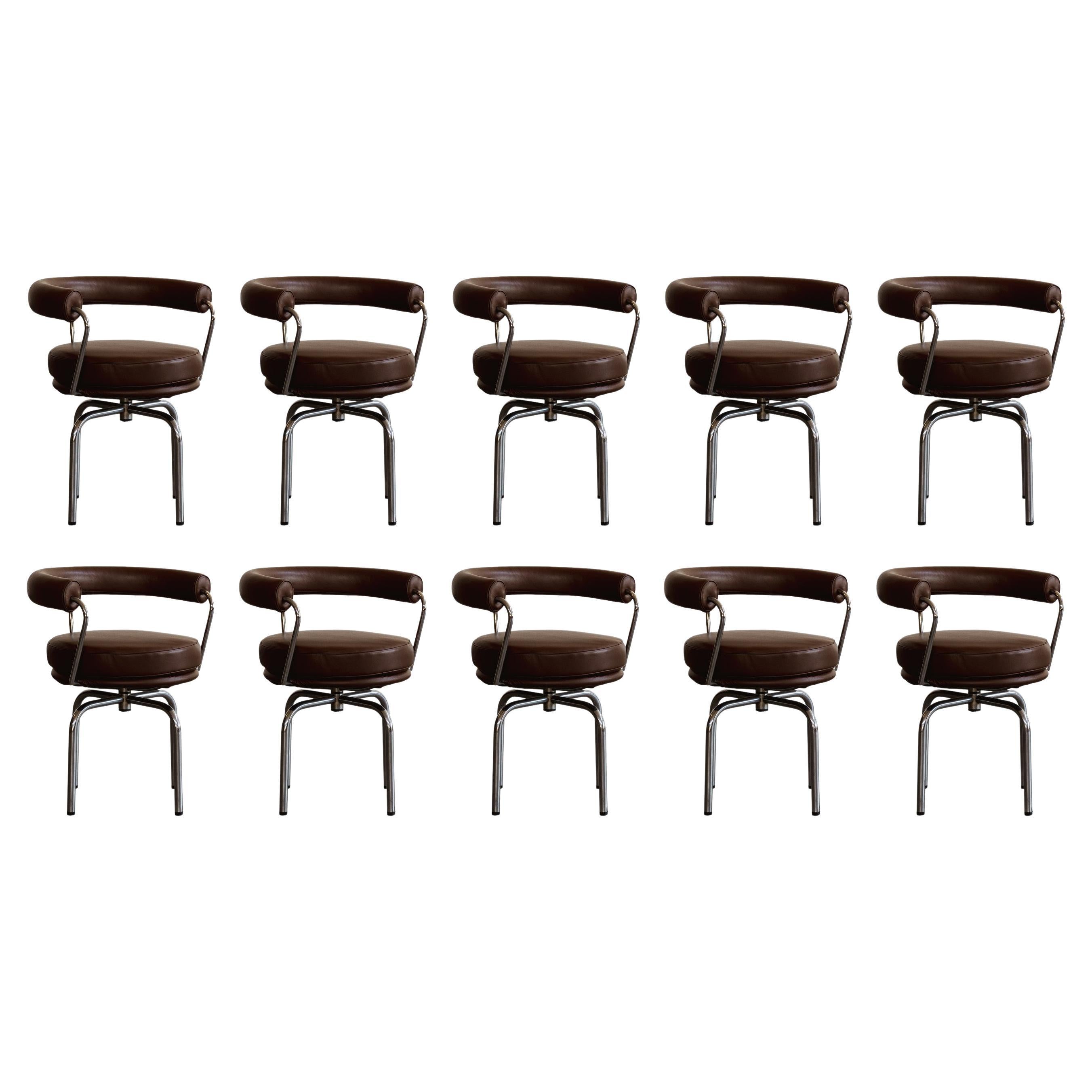 Charlotte Perriand “LC7” Chairs for Cassina, 1927, Brown Leather, Set of 10