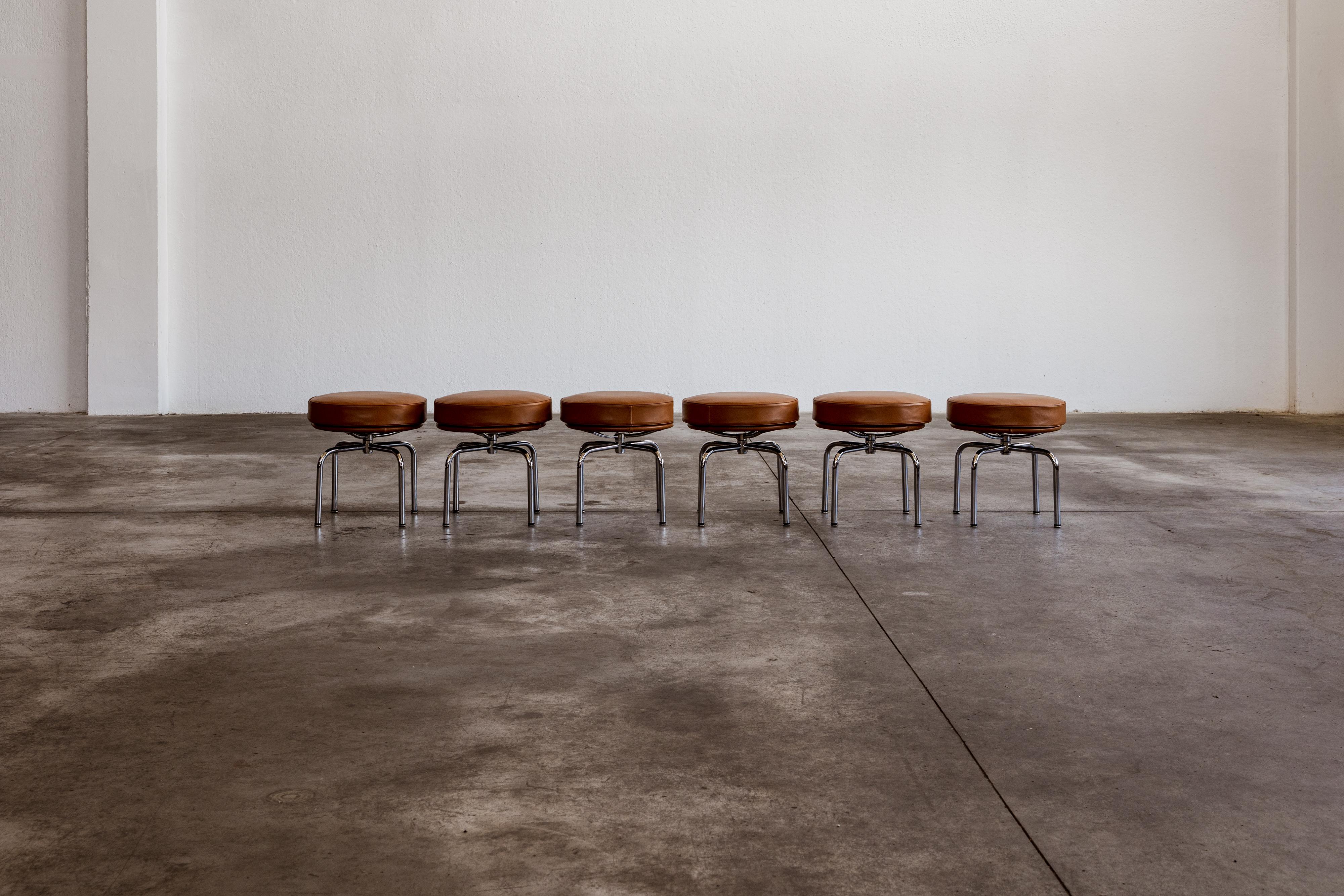 Charlotte Perriand “LC8” stools for Cassina, leather and steel, Italy, 1929, set of six.

The LC8 stool, designed by Charlotte Perriand in 1927, is part of the LC collection, the result of the collaboration between Le Corbusier, Pierre Jeanneret,