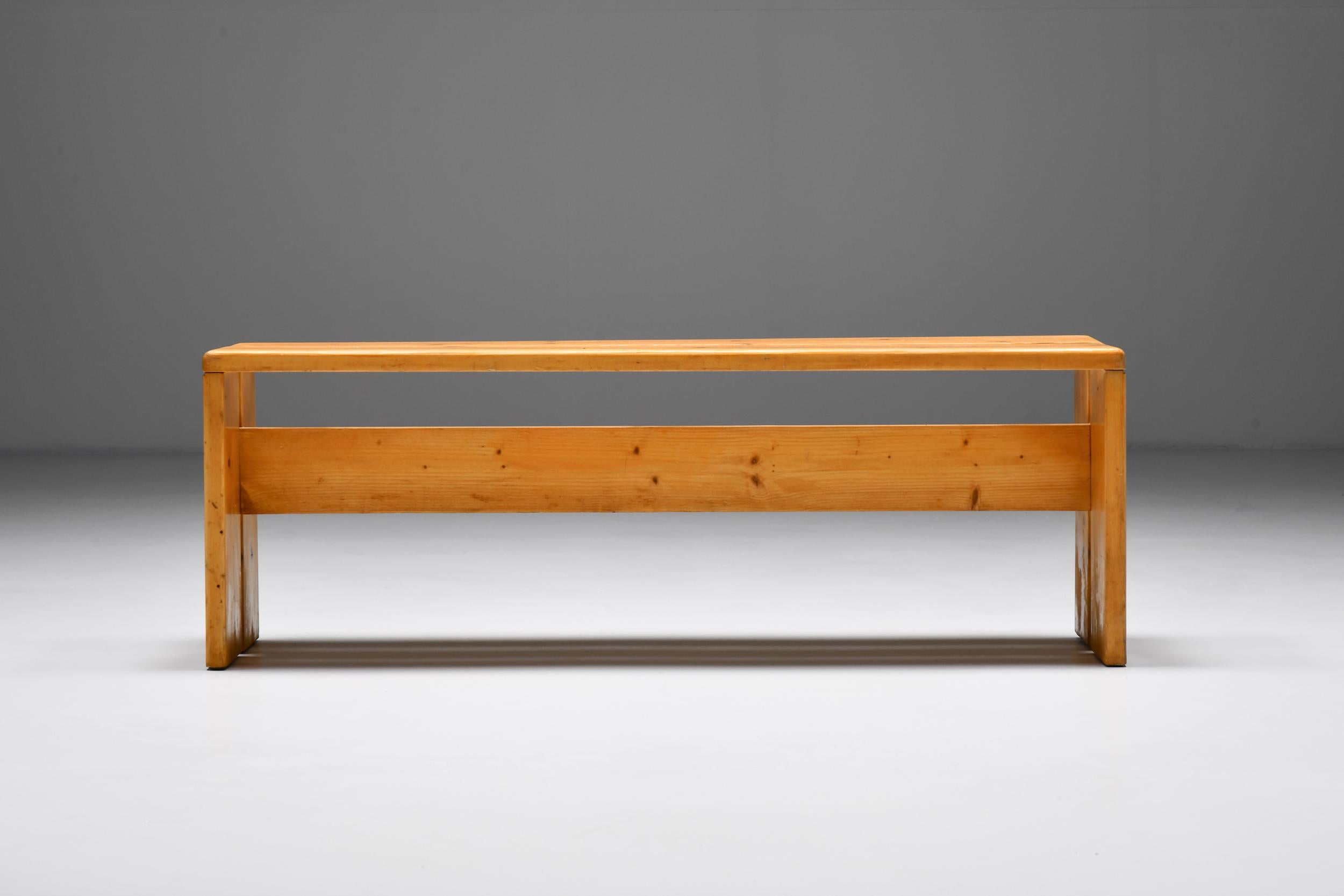 Charlotte Perriand Les Arcs bench Mid-Century Modern 

This is the middle size that we have available which seats two people.
In another listing, we have one Three-person sitting bench available.

Les Arcs, a 1960s ski resort in France designed by a