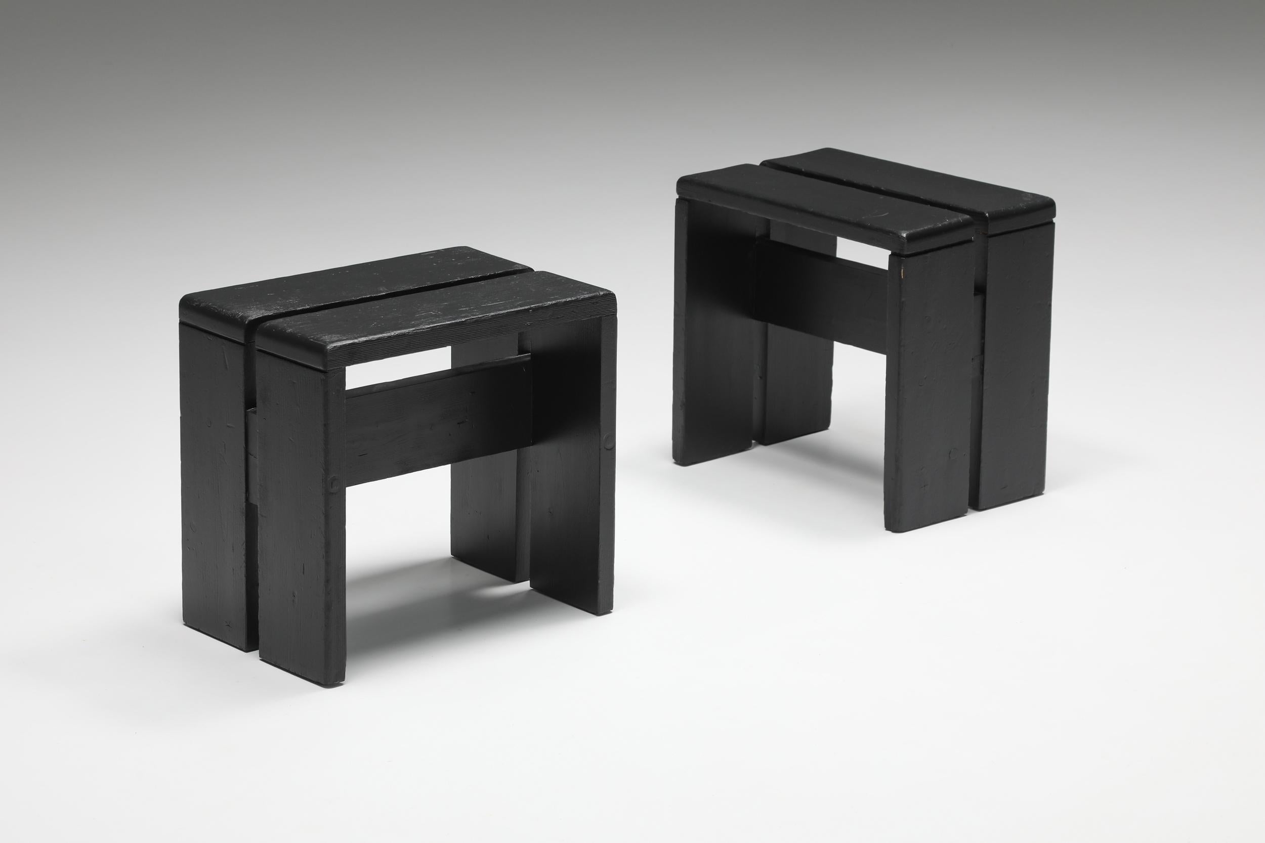 Charlotte Perriand Les Arcs Black Stools, French Modernism, Pinewood, 1960's 1