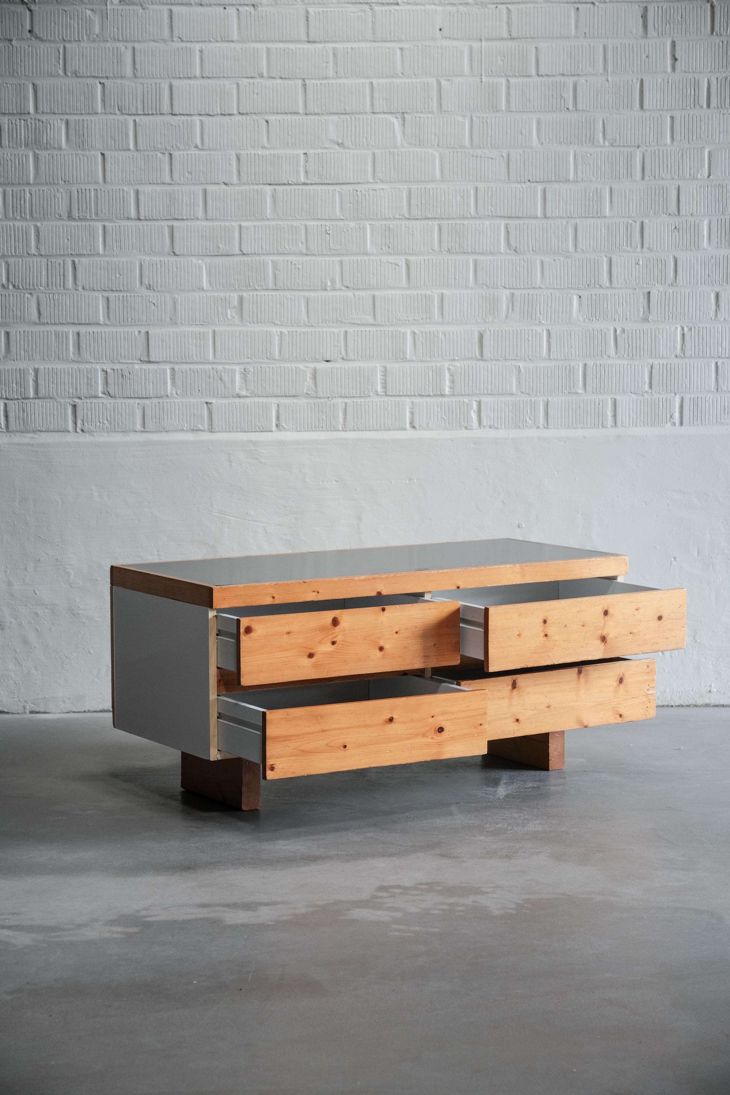 Rare Vintage chest of drawers by Charlotte Perriand, as Used in the Iconic Les Arcs Ski-Resort. 

This remarkable vintage cabinet, crafted by the legendary Charlotte Perriand and once gracing the renowned Les Arcs ski-resort. As a pioneering figure