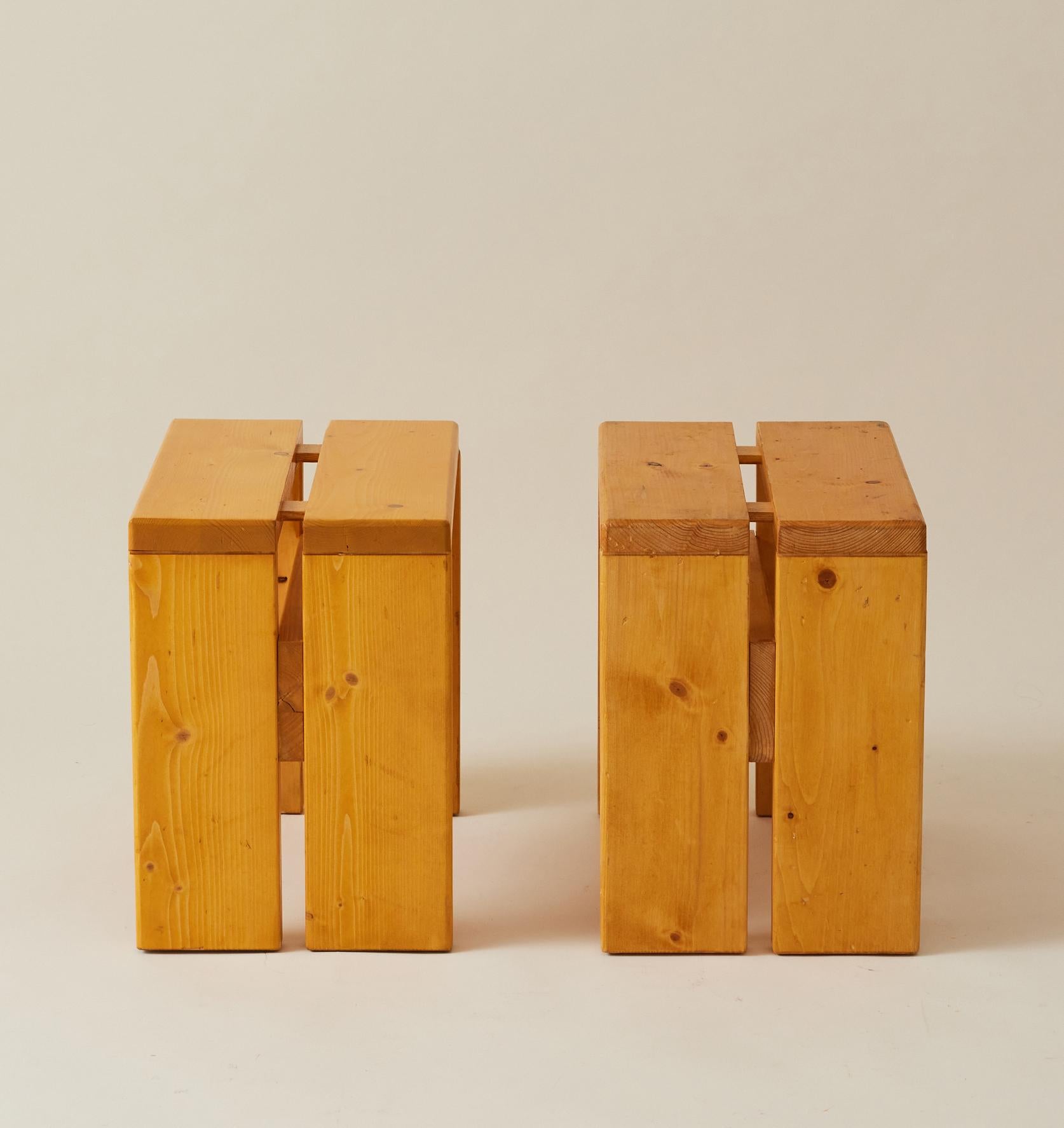 Mid-Century Modern Charlotte Perriand Les Arcs Pine Stools or Side Tables, 1960s, a Pair For Sale
