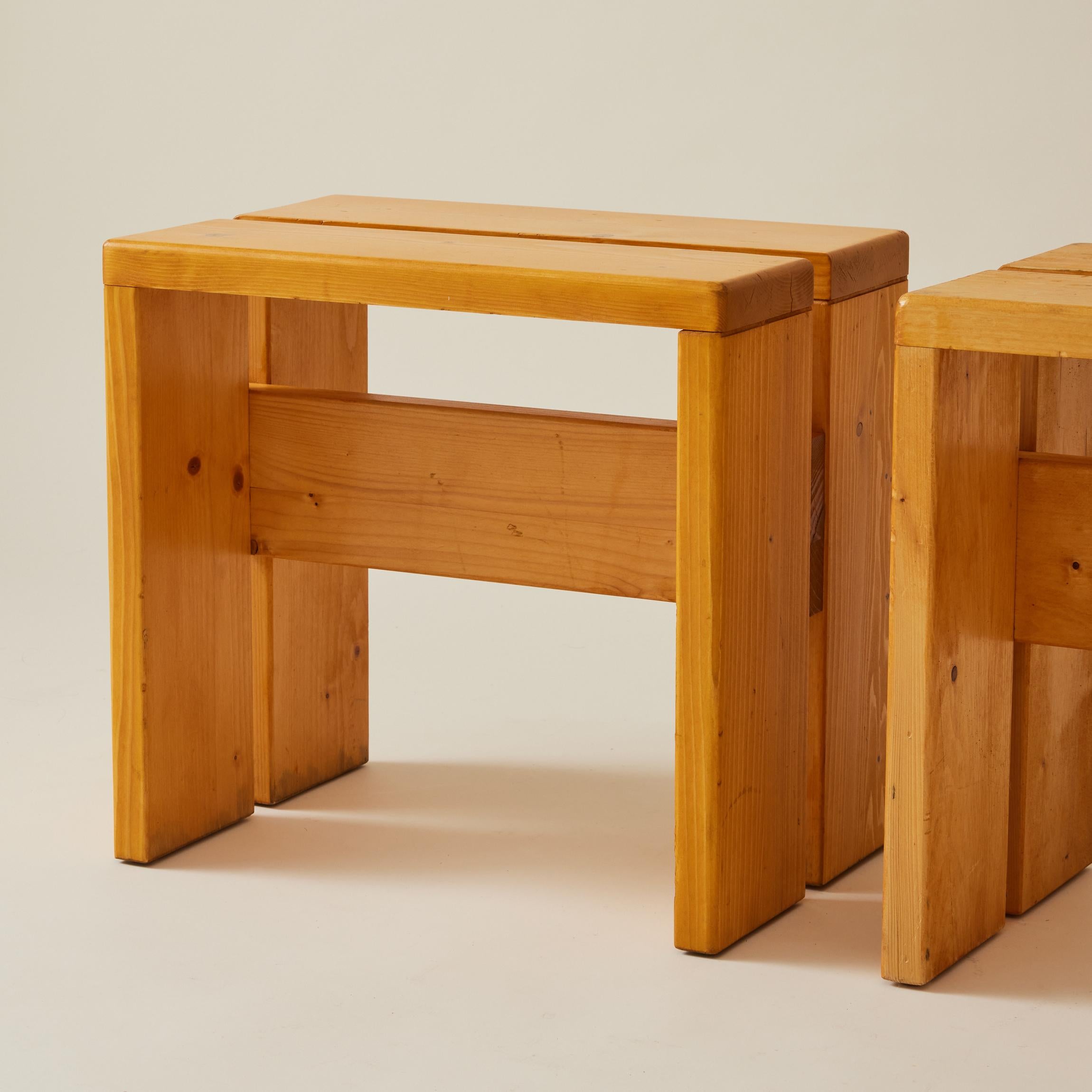 French Charlotte Perriand Les Arcs Pine Stools or Side Tables, 1960s, a Pair For Sale