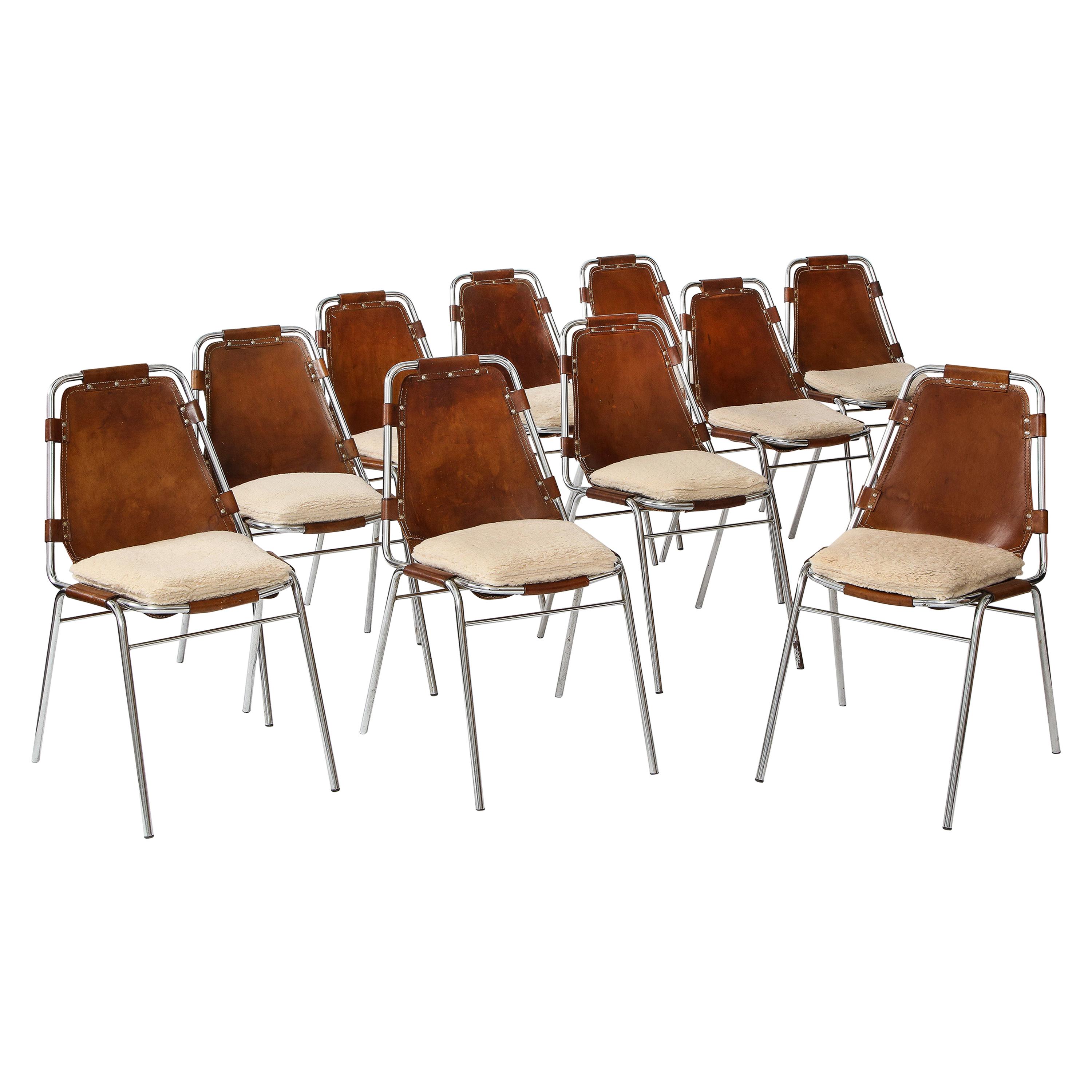 Charlotte Perriand Les Arcs Set of 10 Dining Chairs with Sheepskin Cushions