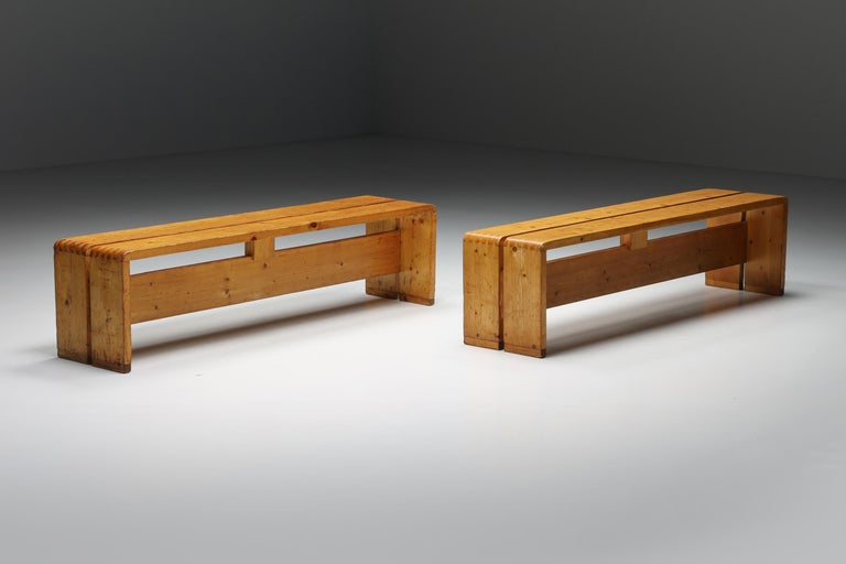 Charlotte Perriand, Les Arcs, bench, pine, Mid-Century Modern; Modernism;

Pine two-person bench designed by Charlotte Perriand for Les Arcs. We have two of these two-person benches available, as well as a three-person bench in another listing.