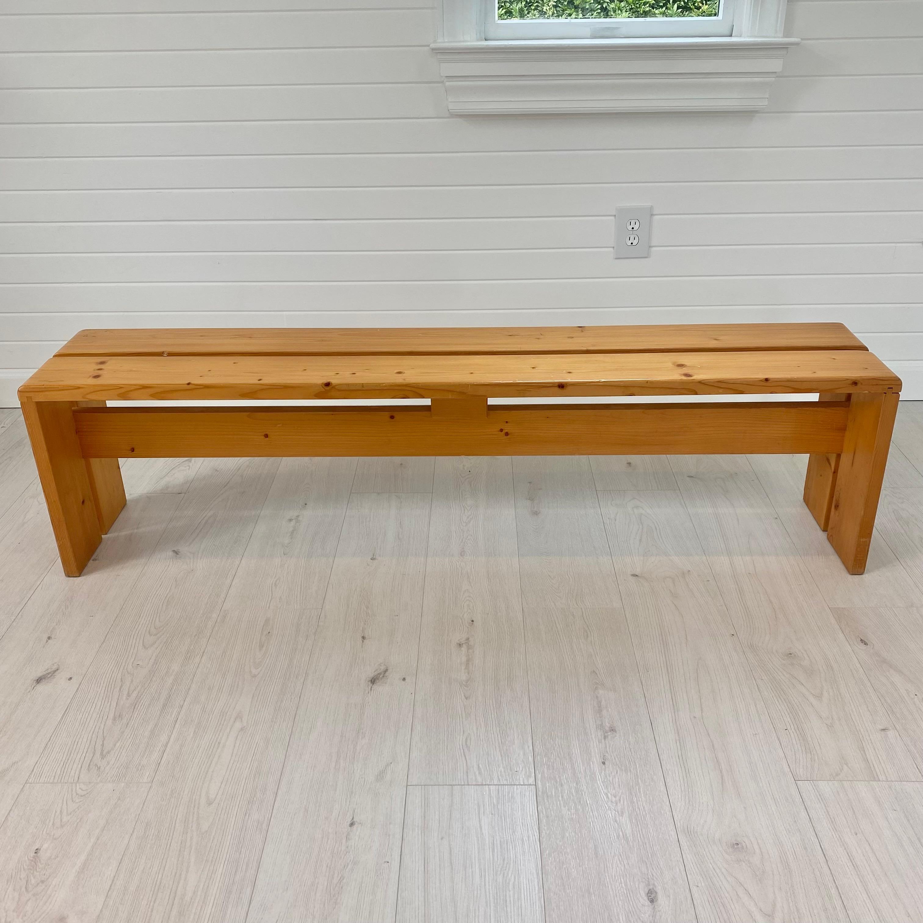 French Charlotte Perriand Long Pine Bench for Les Arcs, 1970s France For Sale