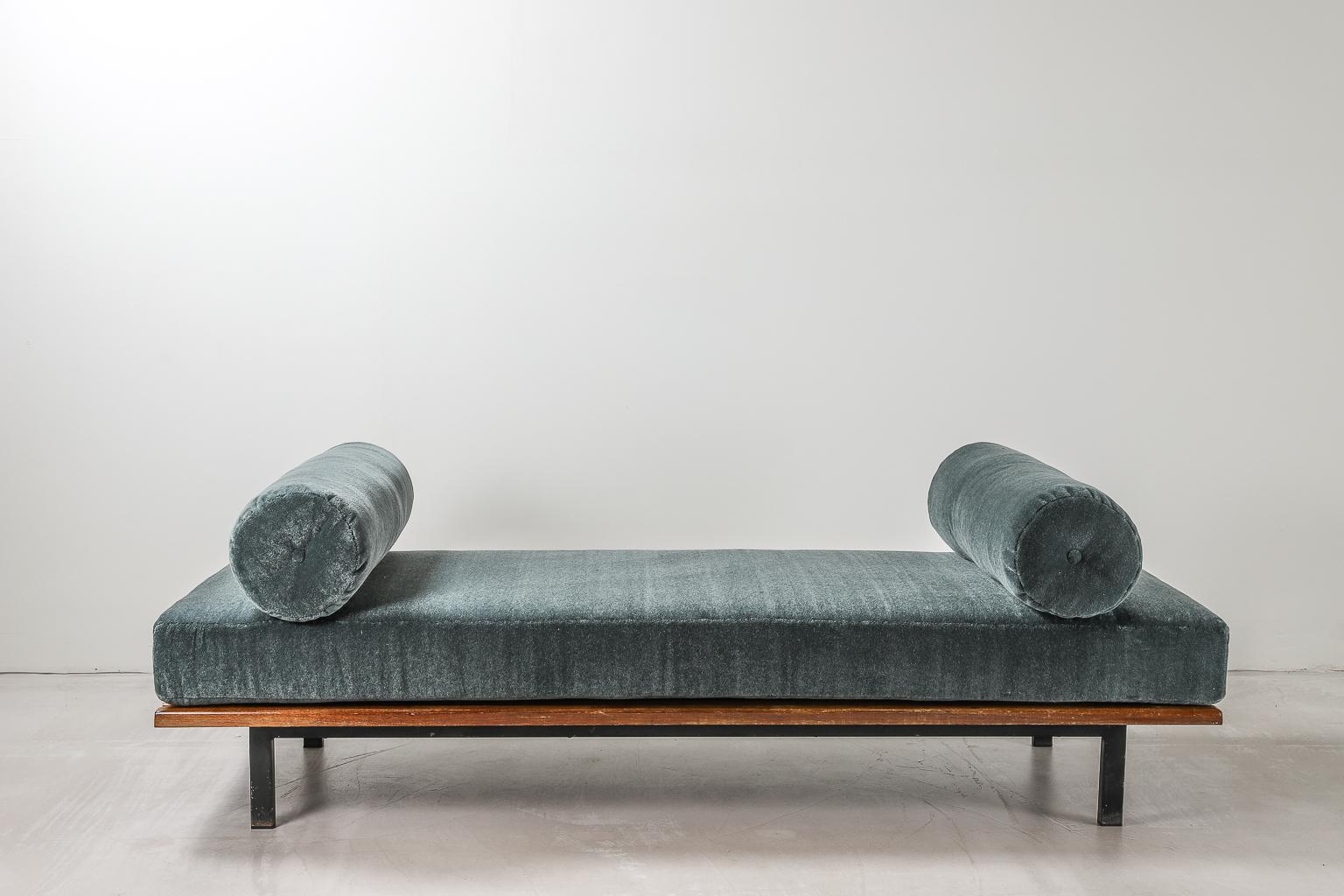 Cansado bench designed by Charlotte Perriand in 1958, mahogany bench with steel frame & legs with newly upholstered seat cushions in Mohair Velvet by Thurstan. The bench itself was built for the city Cansado, a town built in the late 1950s by the