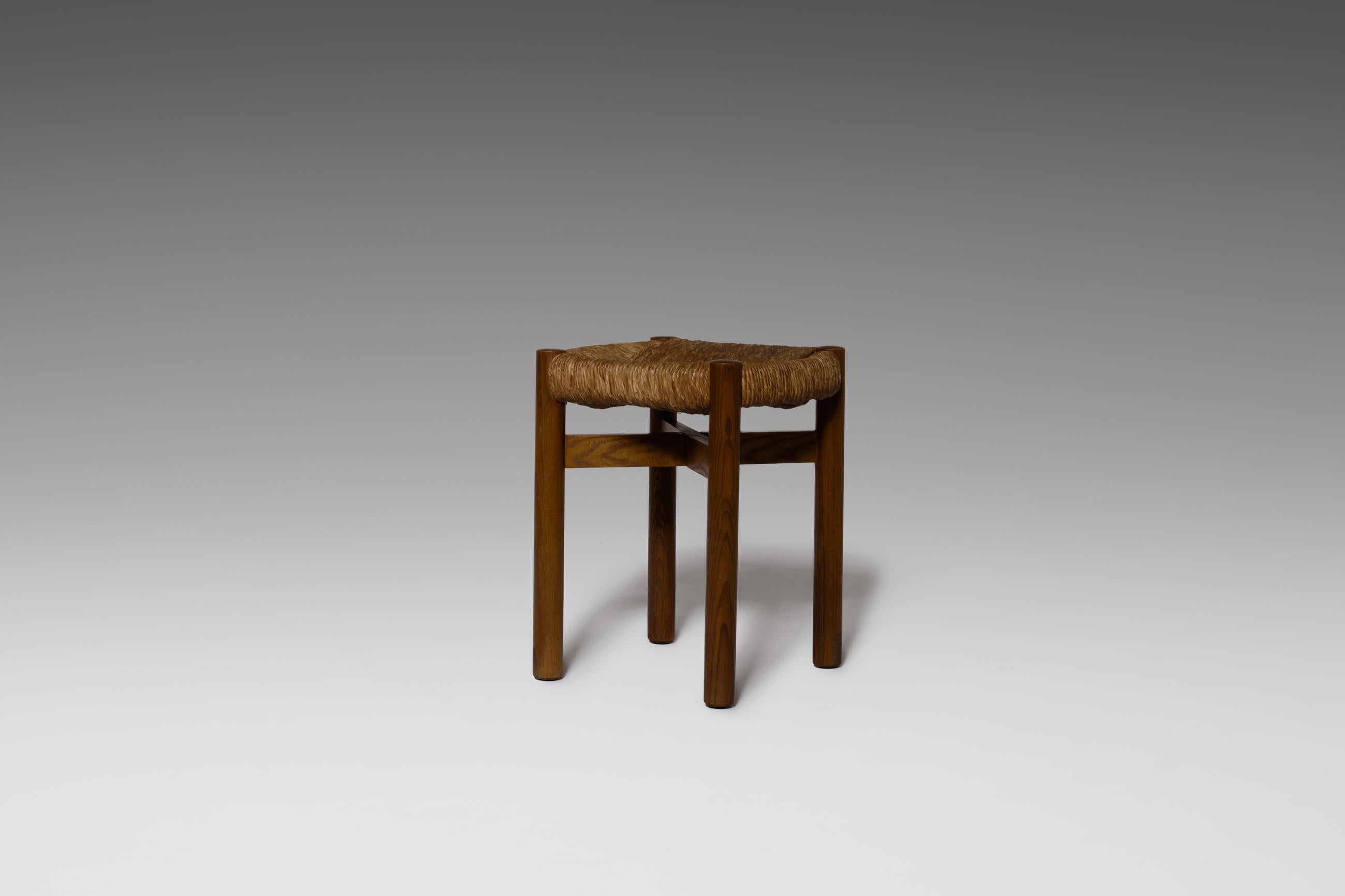 French Charlotte Perriand ‘Meribel’ Stool in Stained Ash and Rush