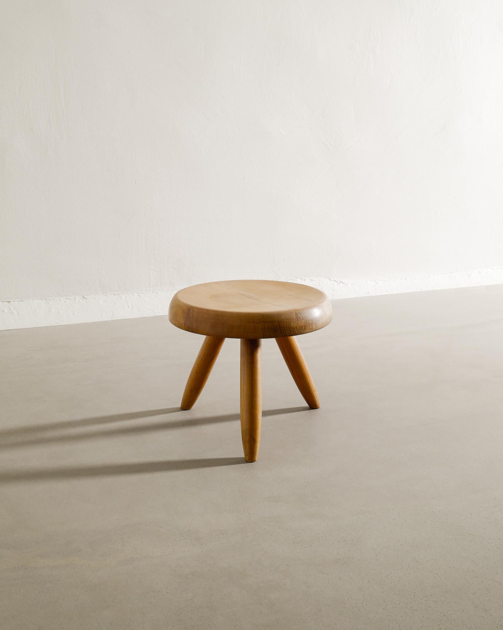 French Charlotte Perriand Mid Century Berger Low Stool in Cherry Wood Produced in 1960s For Sale