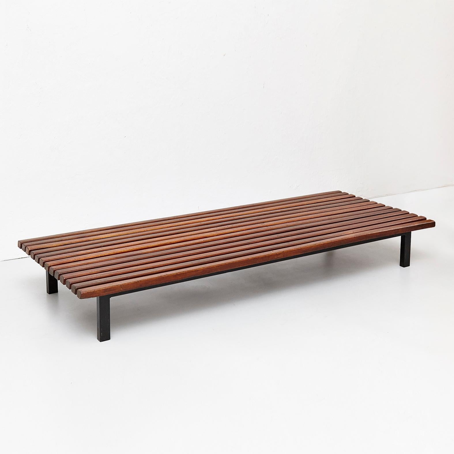 French Charlotte Perriand Mid-Century Modern Cansado Bench Wood Metal, circa 1950