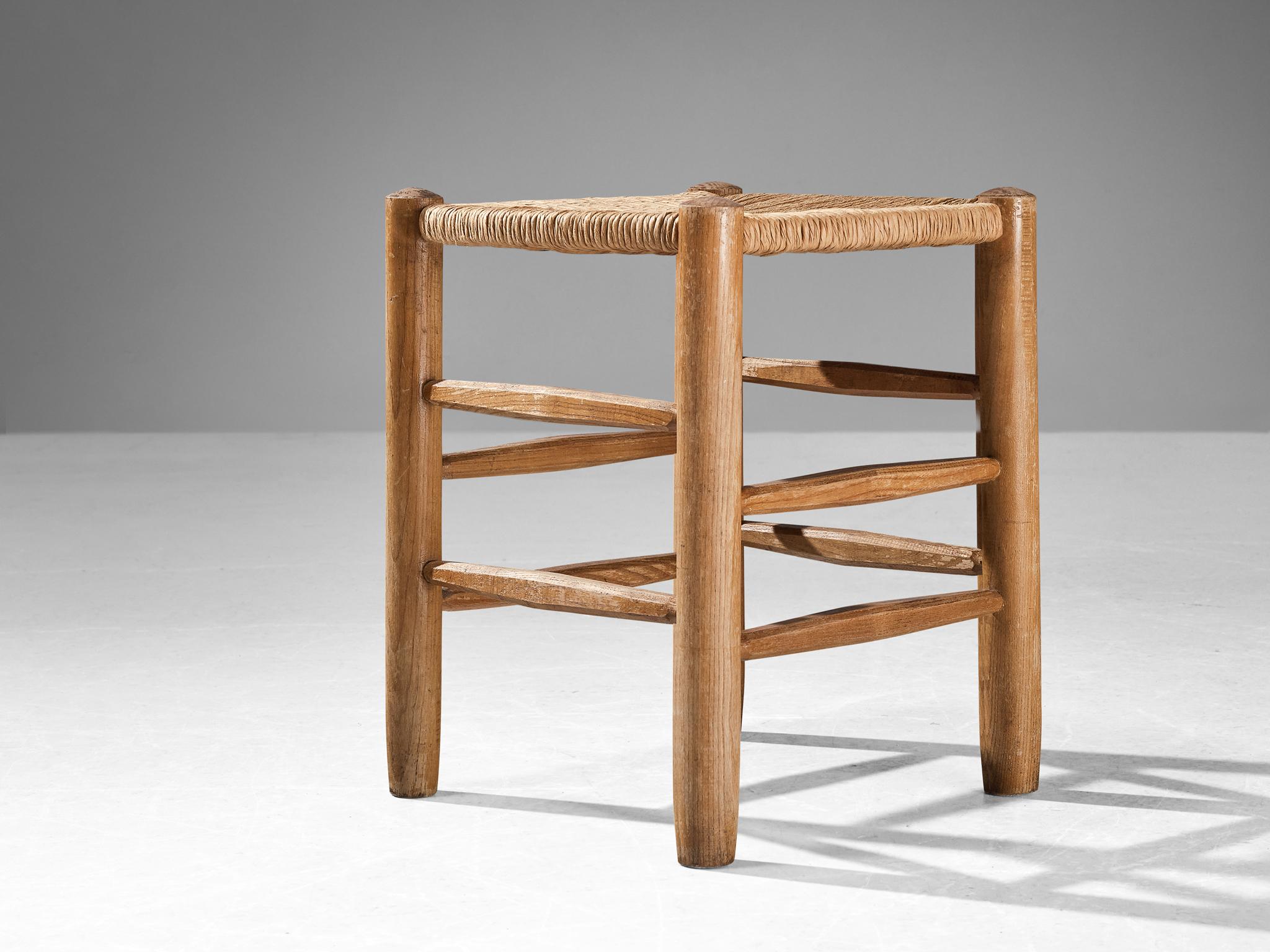 French Charlotte Perriand 'Model 19' Stool in Oak and Rope For Sale