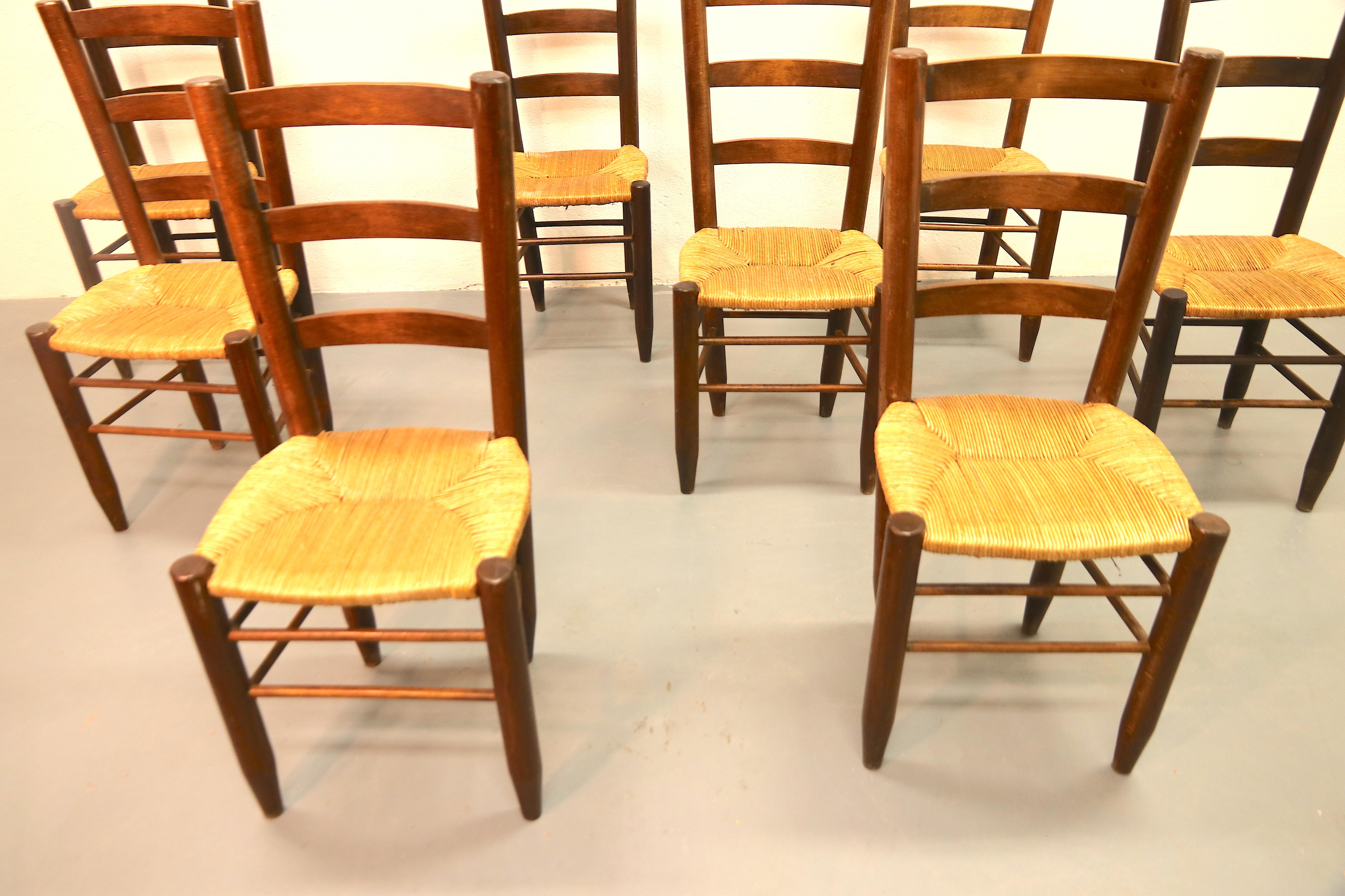 Charlotte Perriand Model No. 19 Set of 8 Solid Wood and Rush Dining Room Chairs For Sale 1