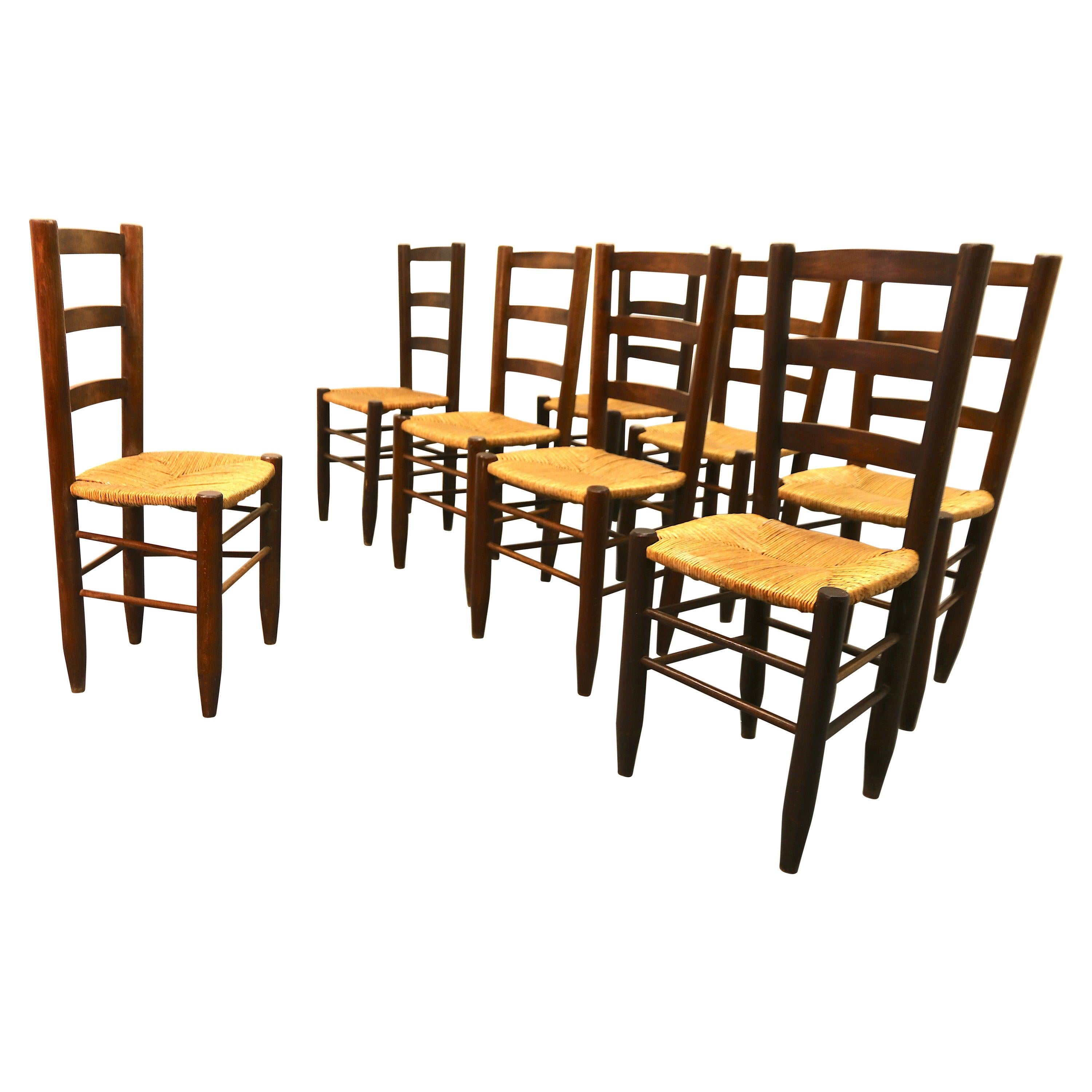 Charlotte Perriand Model No. 19 Set of 8 Solid Wood and Rush Dining Room Chairs