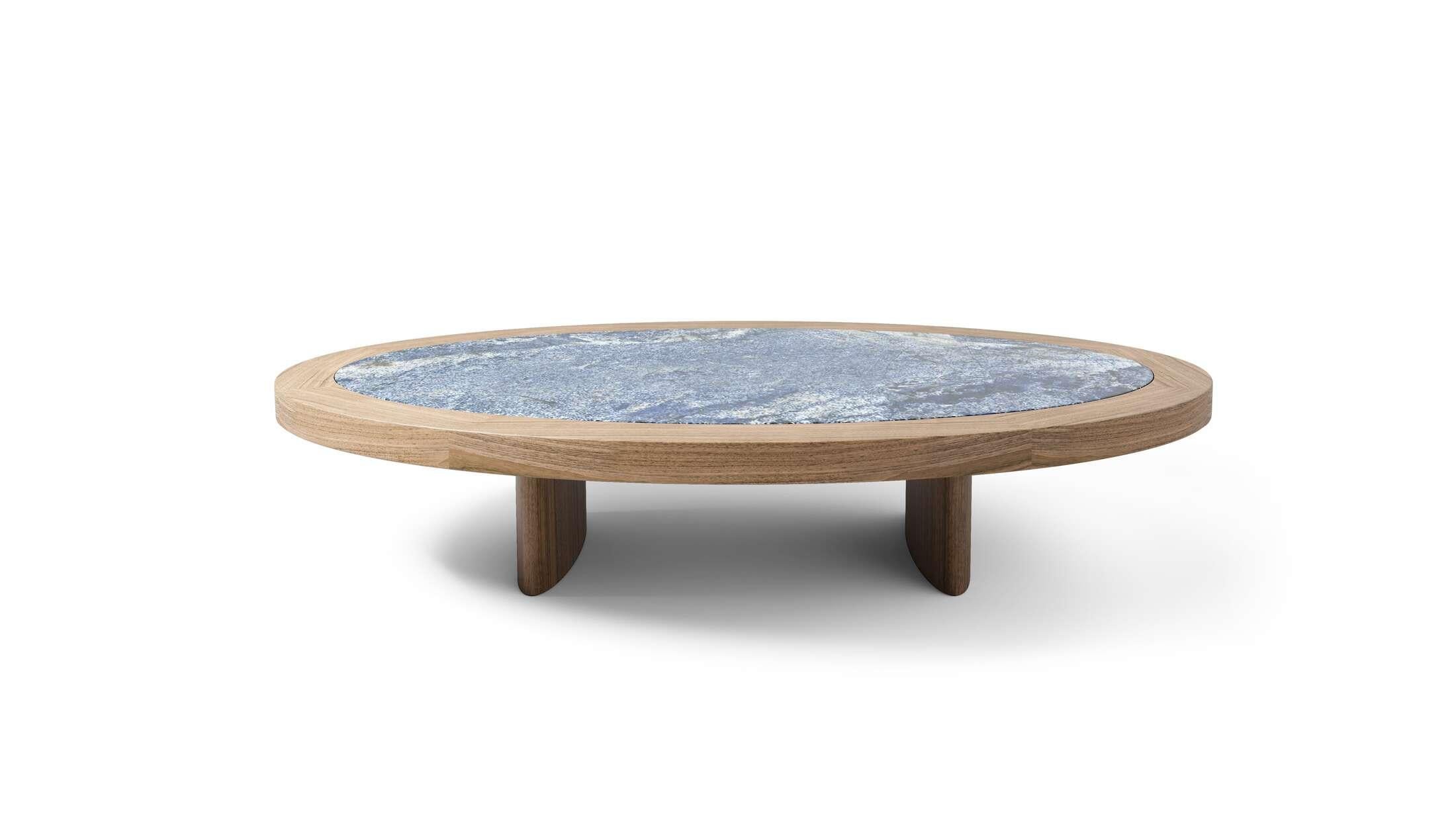 Charlotte Perriand Natural Walnut Coffee Table Monta Bahia Blue Top  For Cassina

An ode to fine artisanal craftsmanship in the form of a table. Table Monta is the elegant, tactile, timeless piece of furniture designed by Charlotte Perriand and