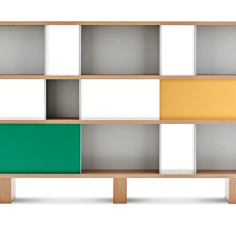 Mid-Century Modern Charlotte Perriand Nuage Shelving Unit, Wood and Green, Yellow Aluminium For Sale