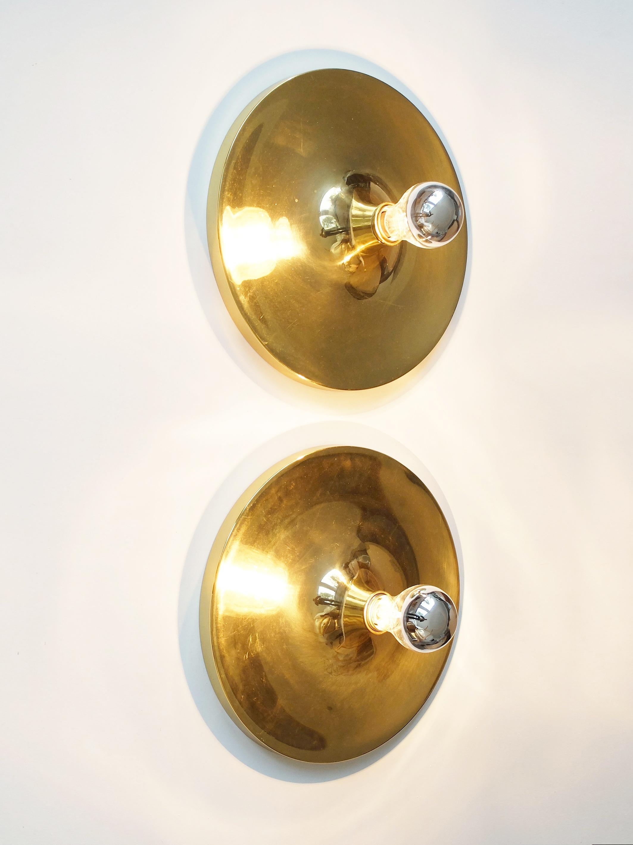 Mid-Century Modern Charlotte Perriand Pair Flush Sconce Gold Disc Wall Lights Sölken, Germany 1960s