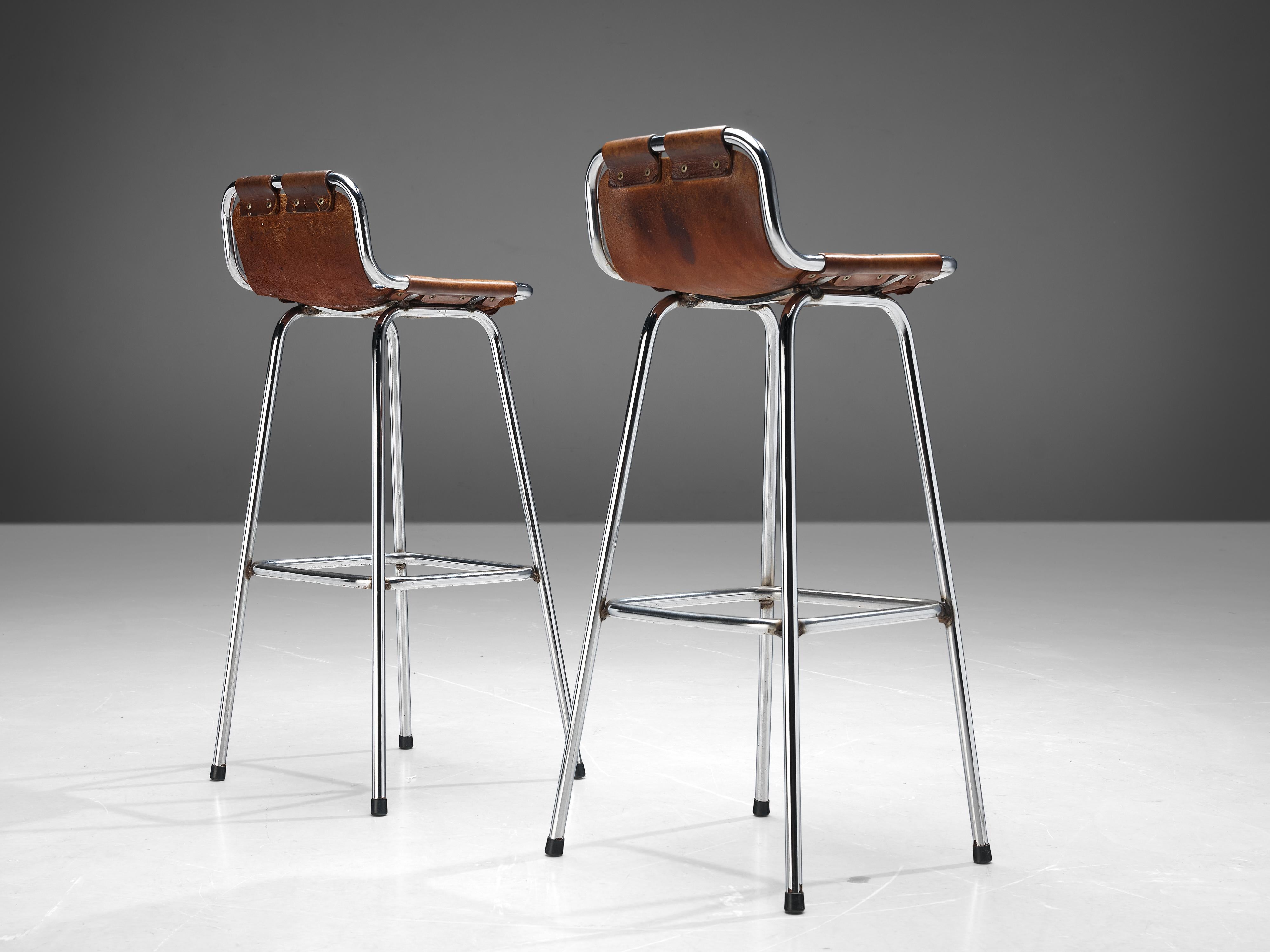 French Charlotte Perriand Pair of Bar Stools in Leather