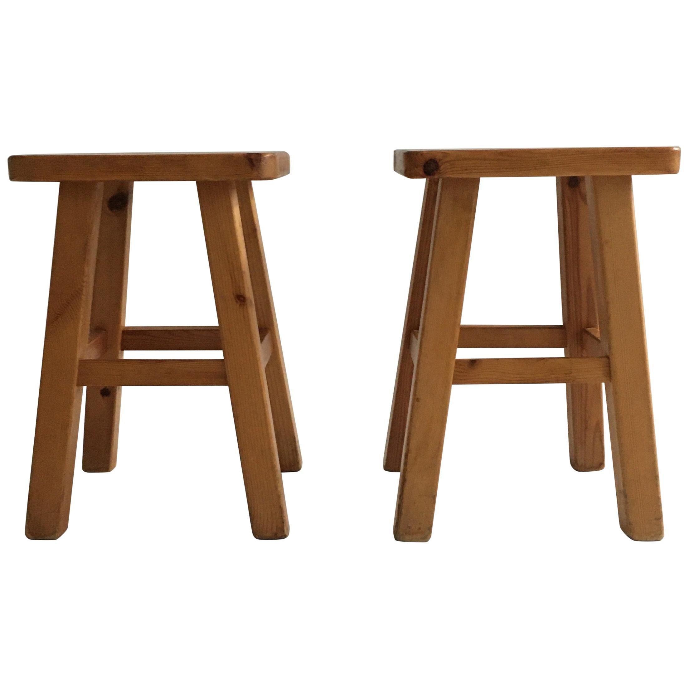 Charlotte Perriand Pair of Square Pine Stools, France, 1960s