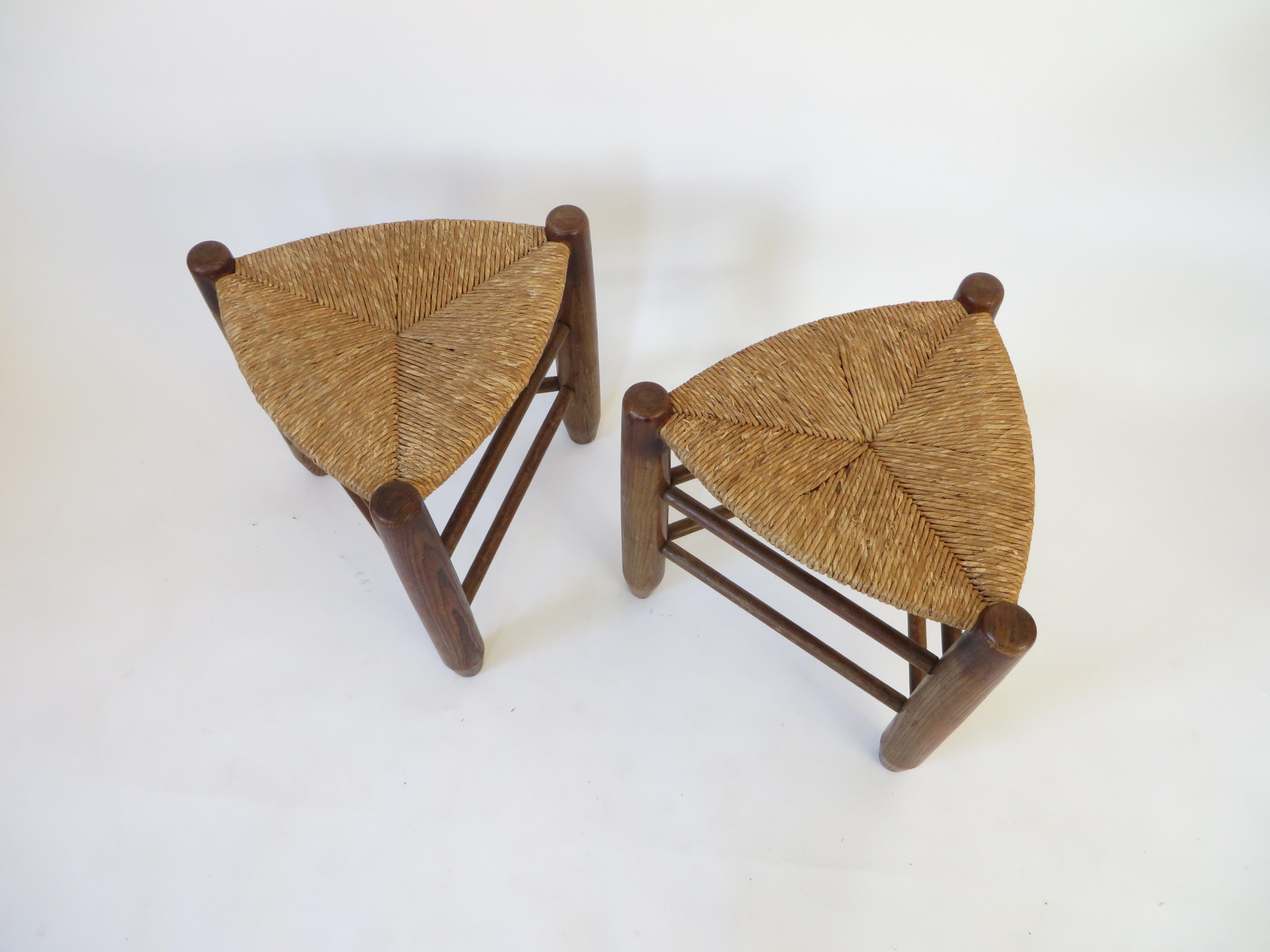 Charlotte Perriand Pair of Tripod Rush Seat and Oak Stools Les Arcs 4